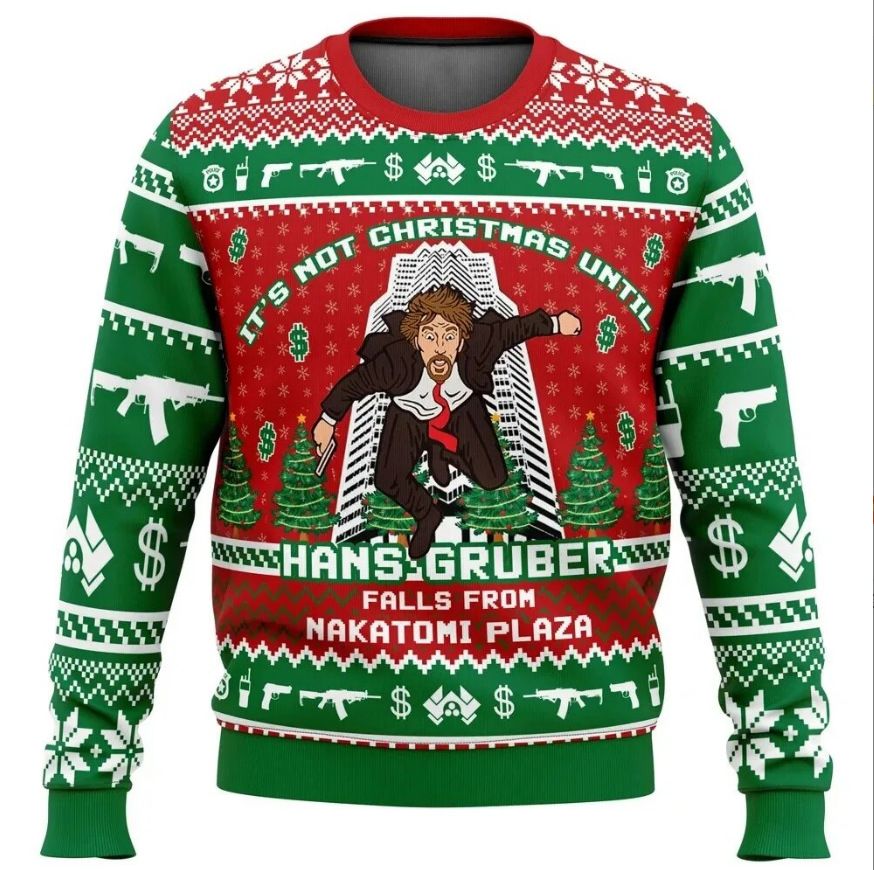Men's Hans Gruber Nakatomi Plaza Ugly Christmas Sweatshirt, Long Sleeve Graphic Pullover for Holiday Parties and Winter Wear, Size XXL