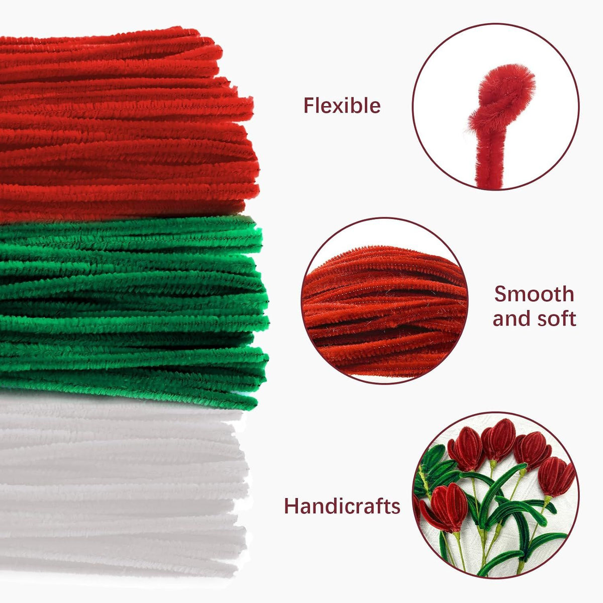300 Pack 30 cm Chenille Pipe Cleaners, Green Red and White Craft Wires for DIY Projects, Gift Making and Christmas Decorations