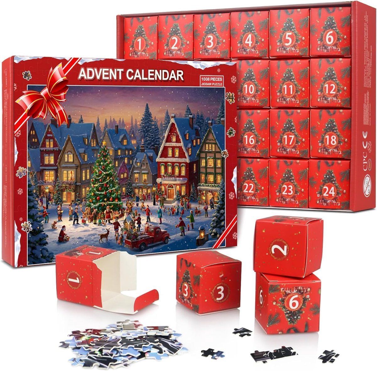 1008 Pieces Advent Calendar Jigsaw Puzzle with 24 Numbered Boxes, Christmas Village Design for Adults and Children, Red, 52 x 75 cm