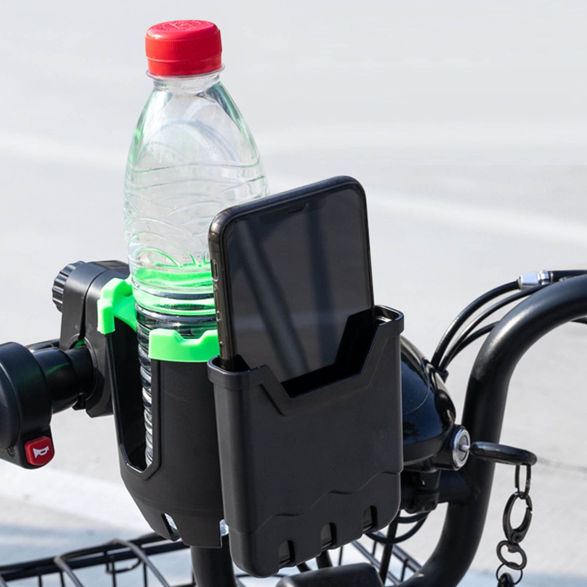 2-in-1 Universal Bike Cup Holder with Phone Mount, Adjustable Drink Holder for Stroller, Wheelchair, Walker and Scooter, Black and Green