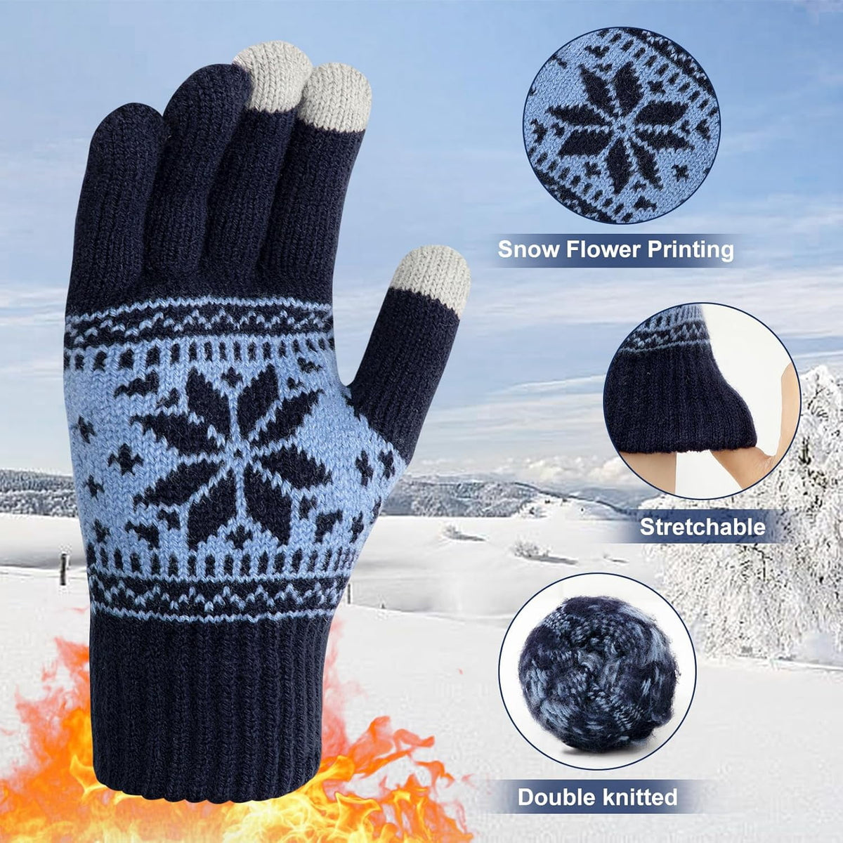 3 Pairs Touch Screen Gloves with Snow Flower Pattern, Warm Knit Winter Gloves Christmas Gifts Stocking Stuffers for Women Black Light Gray Navy Blue