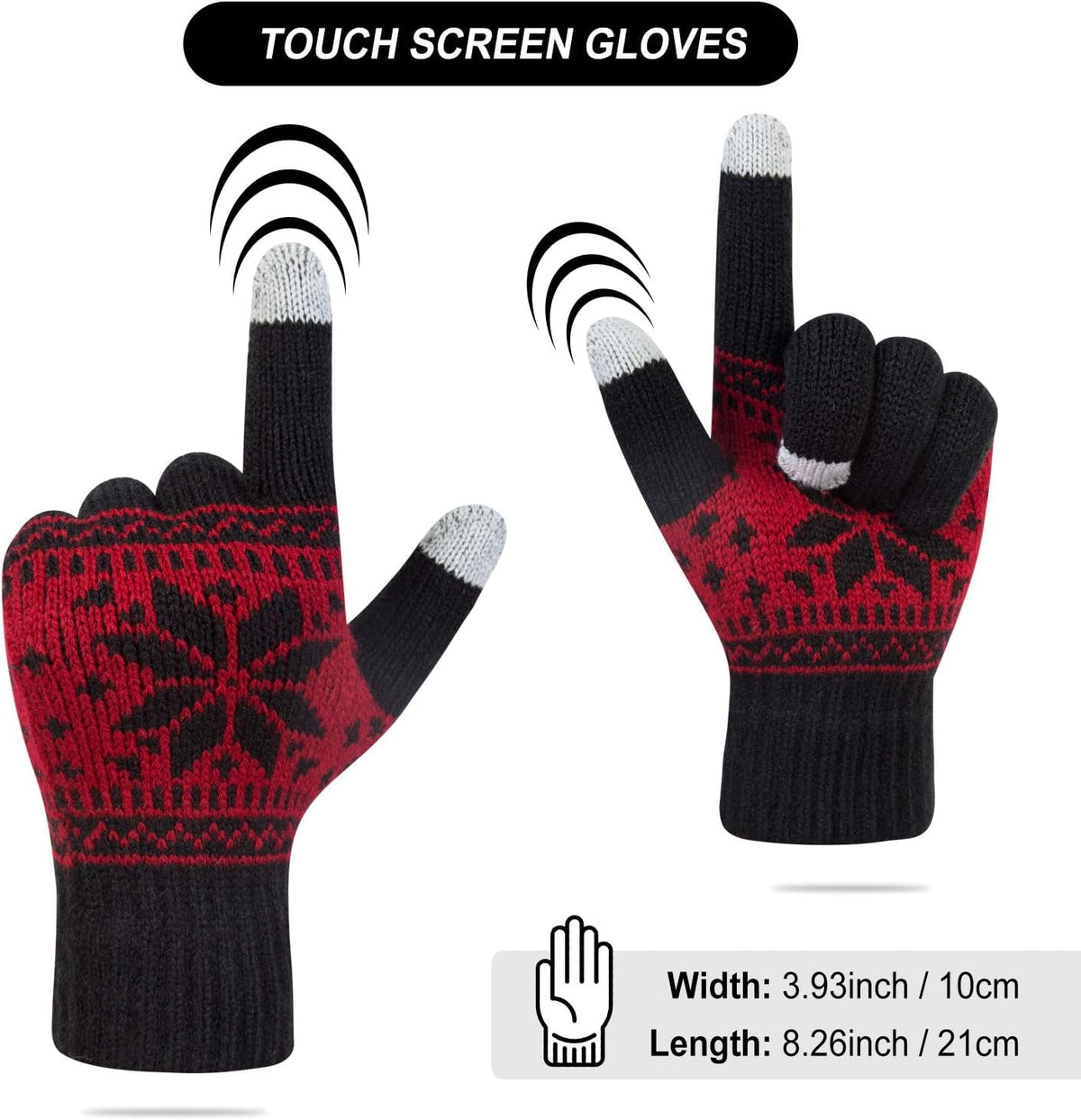3 Pairs Touch Screen Gloves with Snow Flower Pattern, Warm Knit Winter Gloves Christmas Gifts Stocking Stuffers for Women Black White Red
