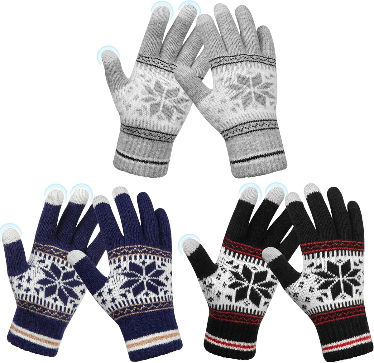 3 Pairs Touch Screen Gloves with Snow Flower Pattern, Warm Knit Winter Gloves Christmas Gifts Stocking Stuffers for Women Gray Navy Blue Black