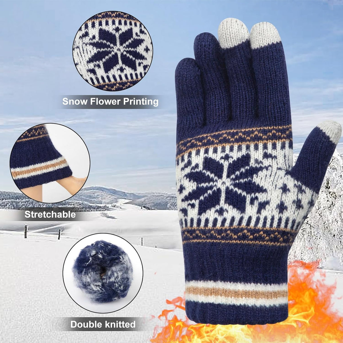 3 Pairs Touch Screen Gloves with Snow Flower Pattern, Warm Knit Winter Gloves Christmas Gifts Stocking Stuffers for Women Gray Navy Blue Black