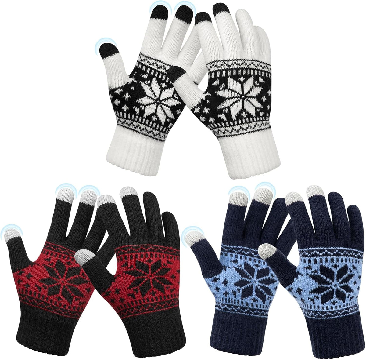 3 Pairs Touch Screen Gloves with Snow Flower Pattern, Warm Knit Winter Gloves Christmas Gifts Stocking Stuffers for Women White Blue Red