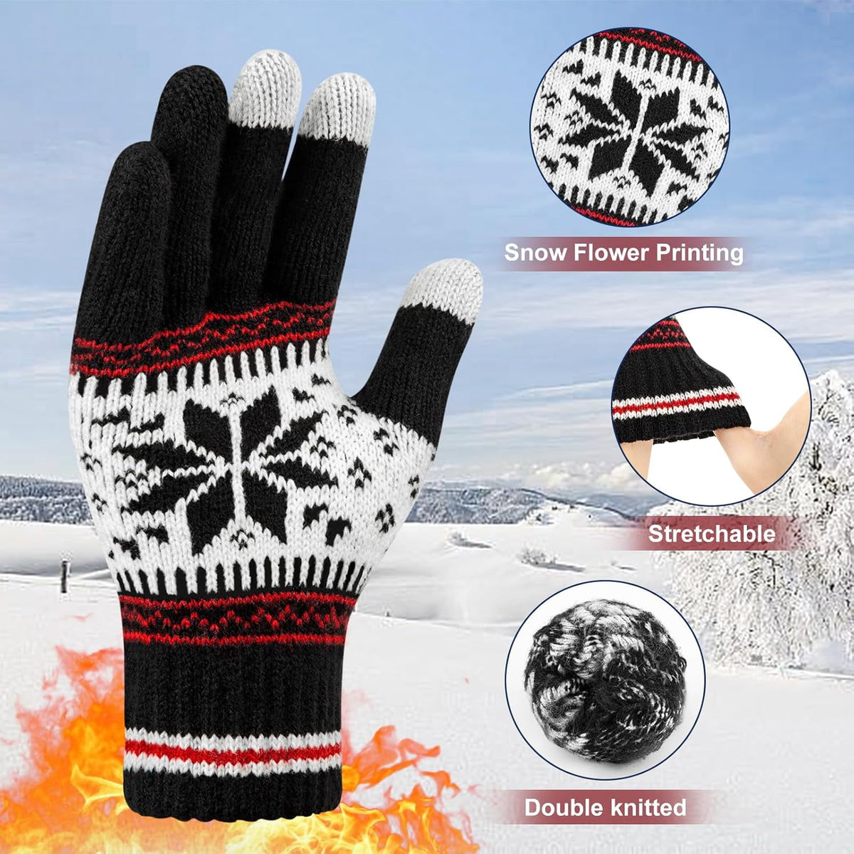 3 Pairs Touch Screen Gloves with Snow Flower Pattern, Warm Knit Winter Gloves Christmas Gifts Stocking Stuffers for Women White Red Black