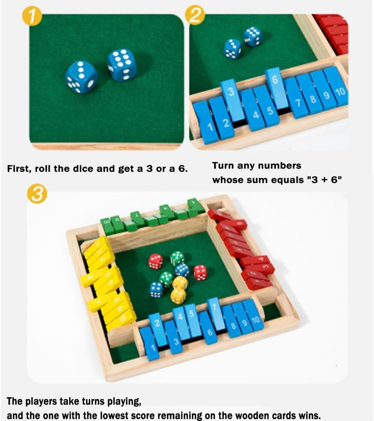 Shut The Box-Wooden Dice Board Game, Funny Family Shut The Box Game 2-4 Player, Board Games Gift for Family and Friends, Educational Table Math Games for Holiday, Party and Classroom(#B) 4playerc