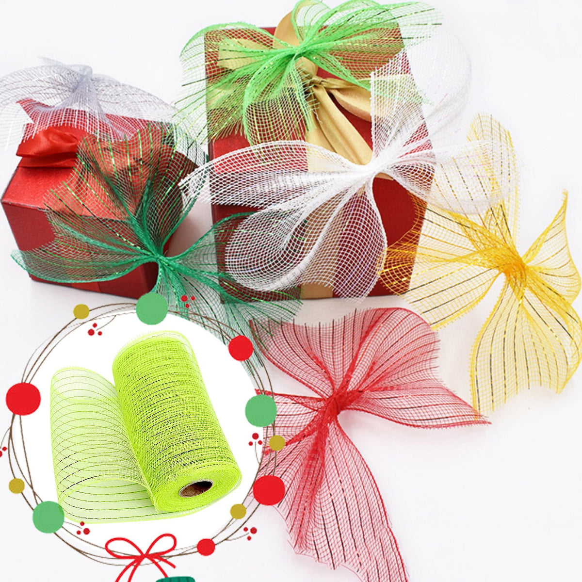 Gift Yarn , Packaging Ribbon, Poly Mesh Ribbon with Metallic Foil Each Roll for Wreaths Swags Bows Wrapping and Decorating E