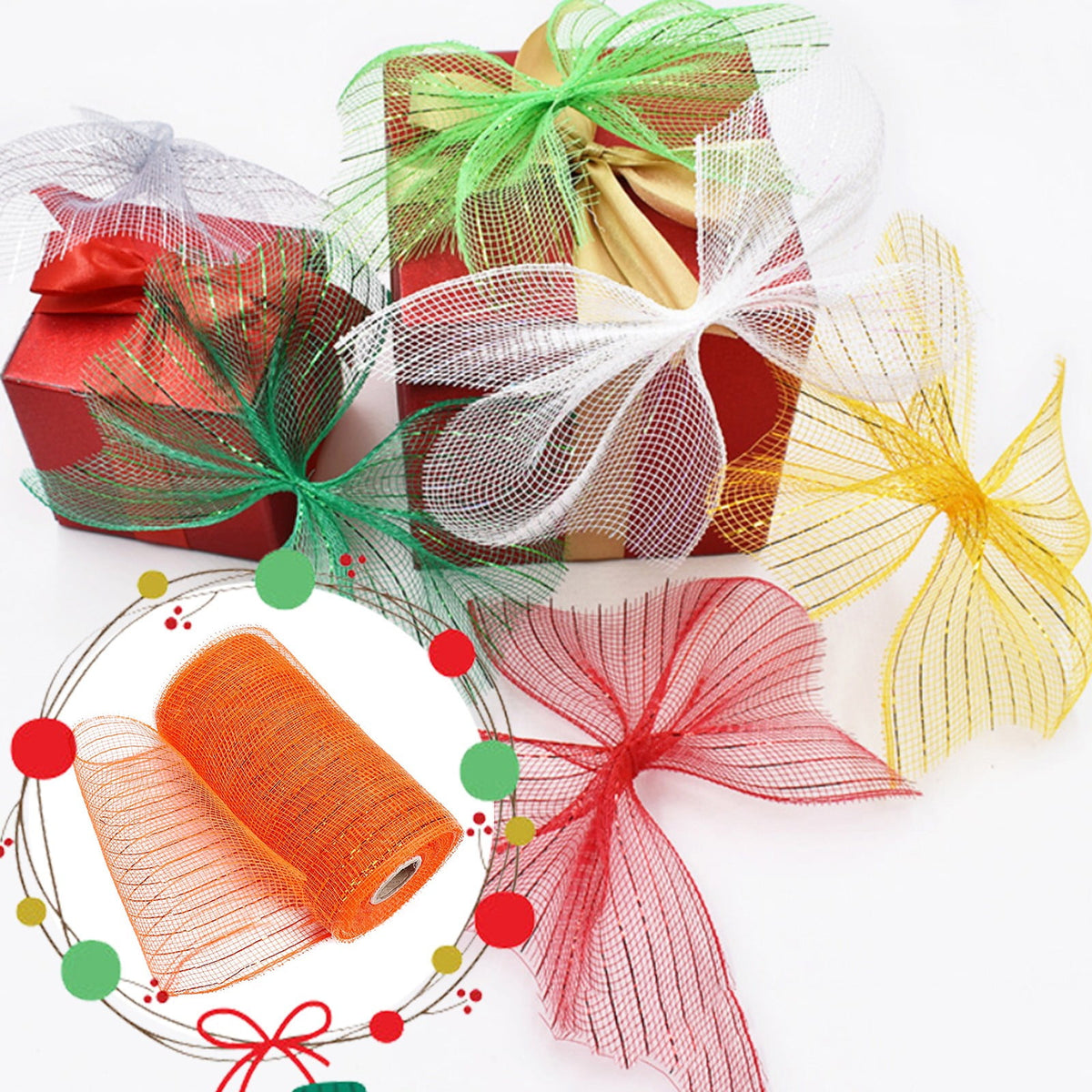 Gift Yarn , Packaging Ribbon, Poly Mesh Ribbon with Metallic Foil Each Roll for Wreaths Swags Bows Wrapping and Decorating N