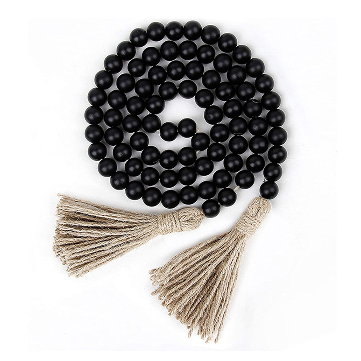 Twine Beaded, Desktop Ornament Promotion, 58In Wood Bead Garland with Tassels Farmhouse Beads Rustic Nature Country Decor Prayer Boho Beads Wall Hanging Decoration Beige Black