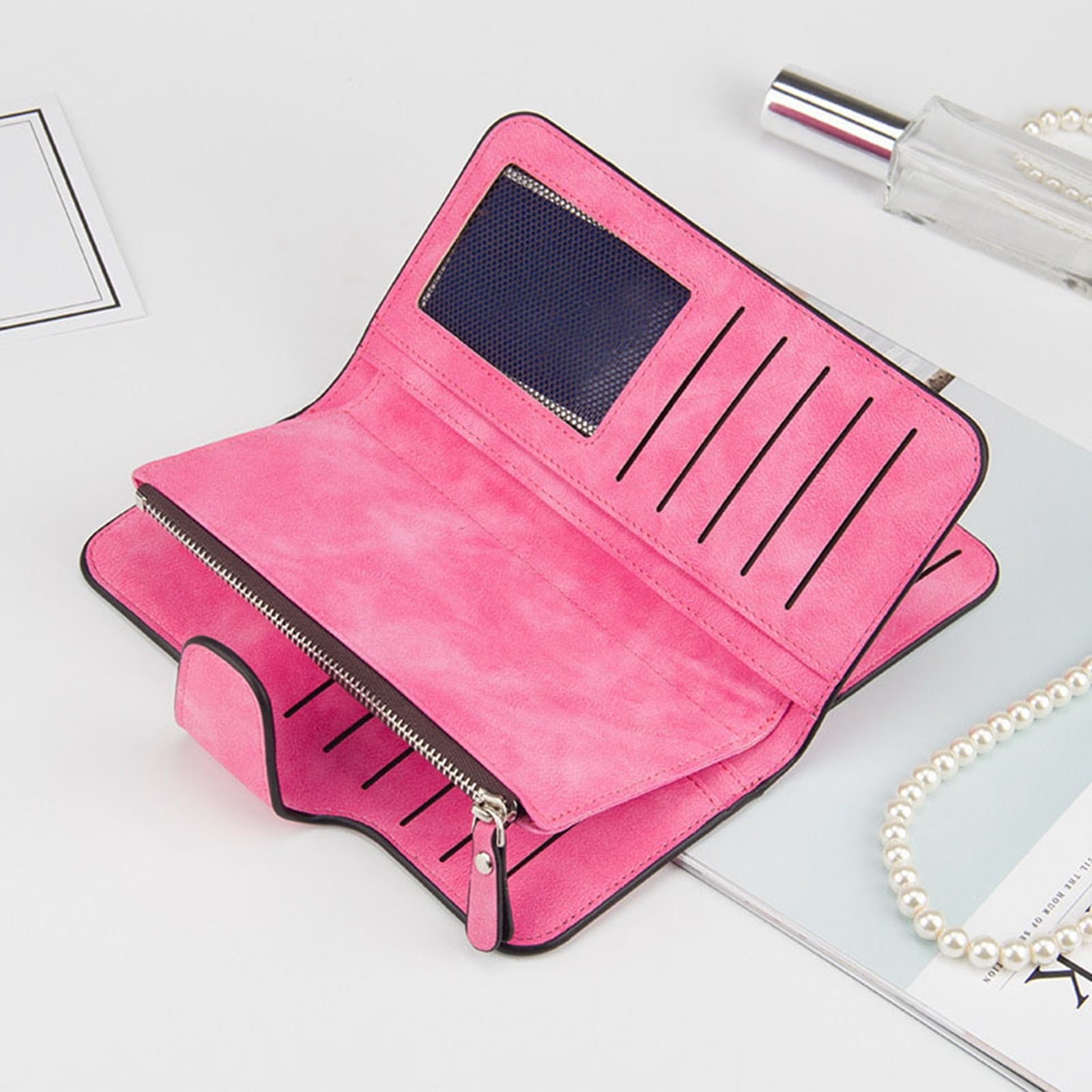 Women's Wallets,Soft Leather Bifold Compact Card Holder Wallet for Women with Zipper, Blocking Leather Clutch Wallet Credit Card Holder, Ladies Travel Wallet Purse,10 Colors(pink) Grey
