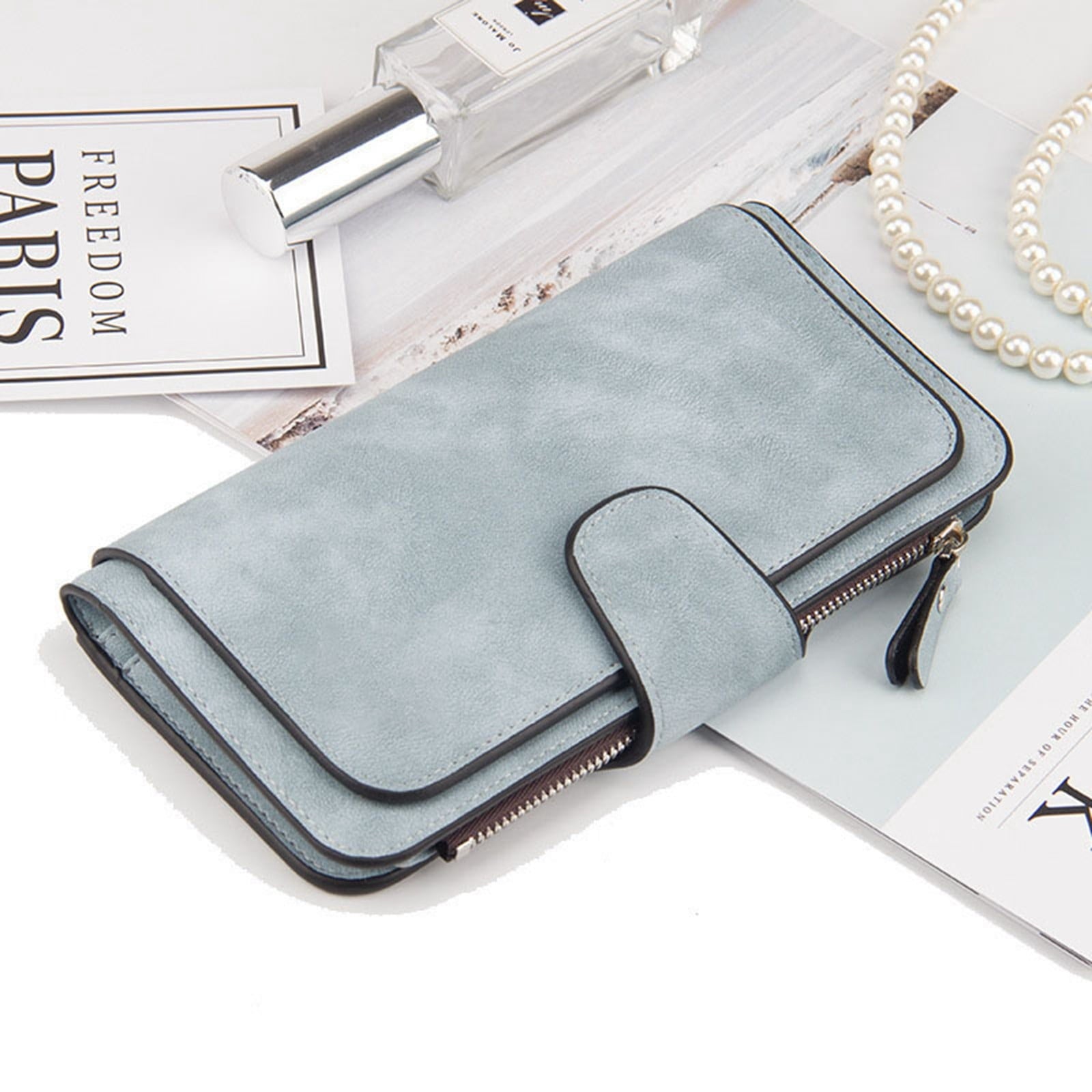 Women's Wallets,Soft Leather Bifold Compact Card Holder Wallet for Women with Zipper, Blocking Leather Clutch Wallet Credit Card Holder, Ladies Travel Wallet Purse,10 Colors(pink) Grey