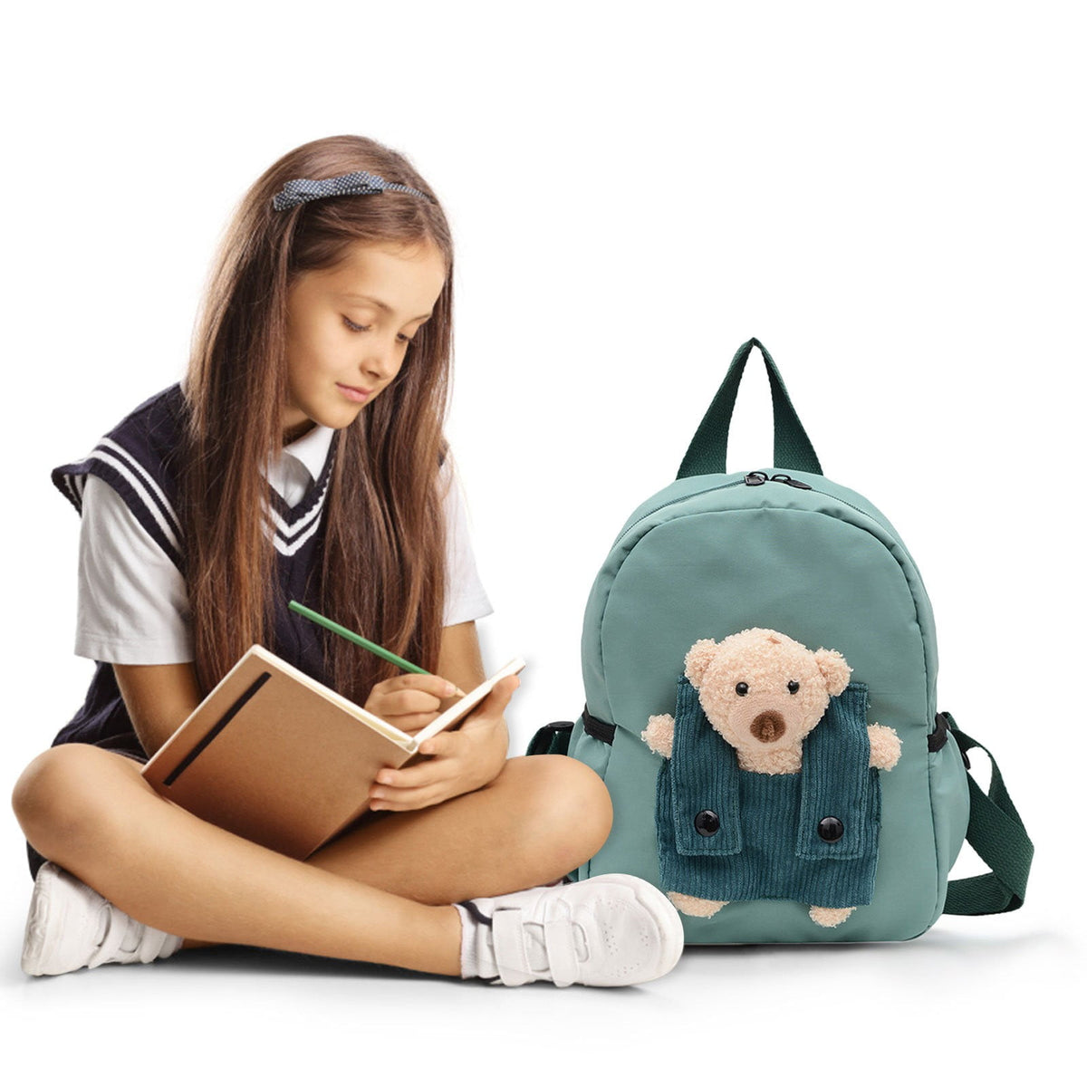 1 Pc Cute Travel Backpack with Detachable Teddy Bear Casual Laptop Bookbag Large Capacity Daypack for Women Men, 8.6x11 Inch, Green