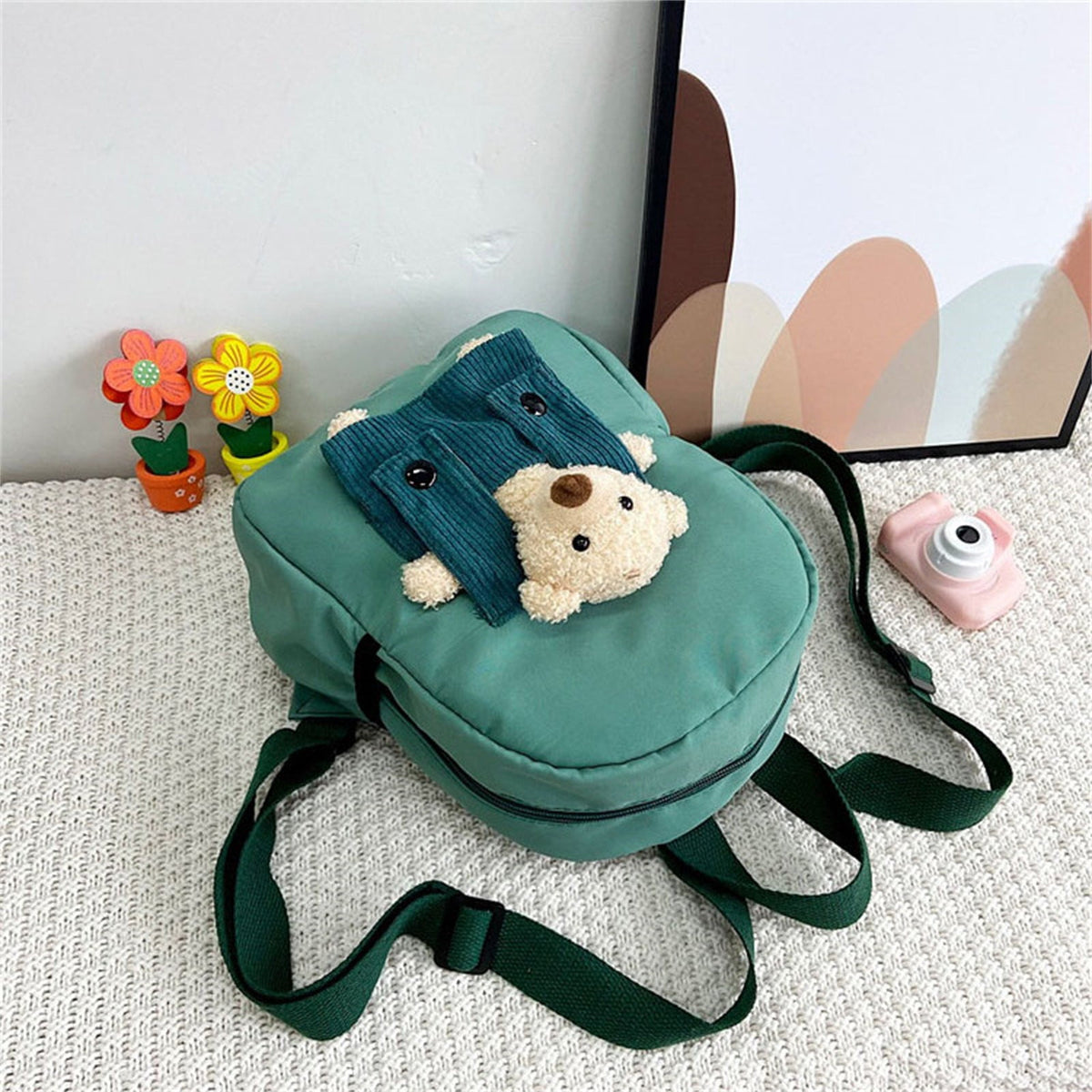 1 Pc Cute Travel Backpack with Detachable Teddy Bear Casual Laptop Bookbag Large Capacity Daypack for Women Men, 8.6x11 Inch, Green