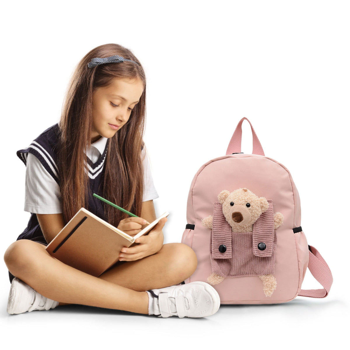 1 Pcs Cute Bear Travel Backpack with Detachable Teddy, Casual Laptop Bookbag for Women Men, Large Capacity School Bag Pink, 8.6x11 in