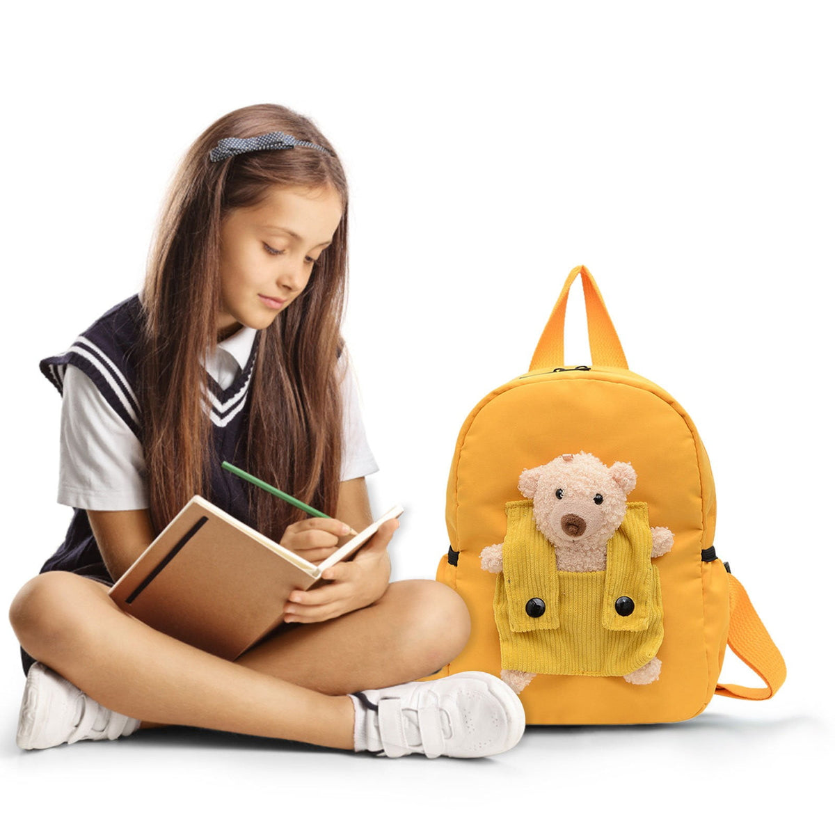 1 Pc Cute Travel Backpack with Detachable Bear, Casual Laptop Bookbag for Women Men, Large Capacity School Bag Birthday Gift, 8.6x11 in, Yellow