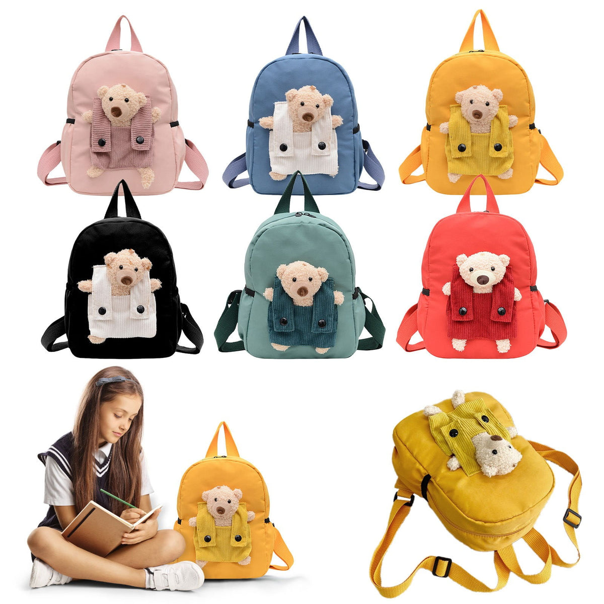 1 Pc Cute Travel Backpack with Detachable Bear, Casual Laptop Bookbag for Women Men, Large Capacity School Bag Birthday Gift, 8.6x11 in, Yellow