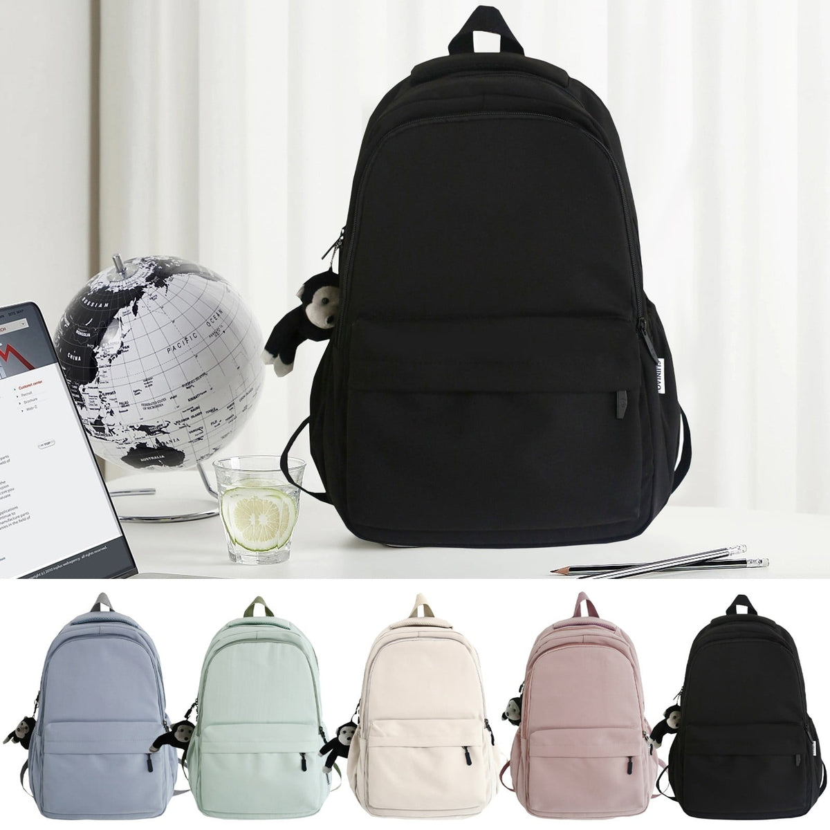 1 Piece Travel Backpack with Detachable Bear Charm, Laptop Book Bag for School, Work and Daily Travel, Black 3, 21.8 x 27.9 cm