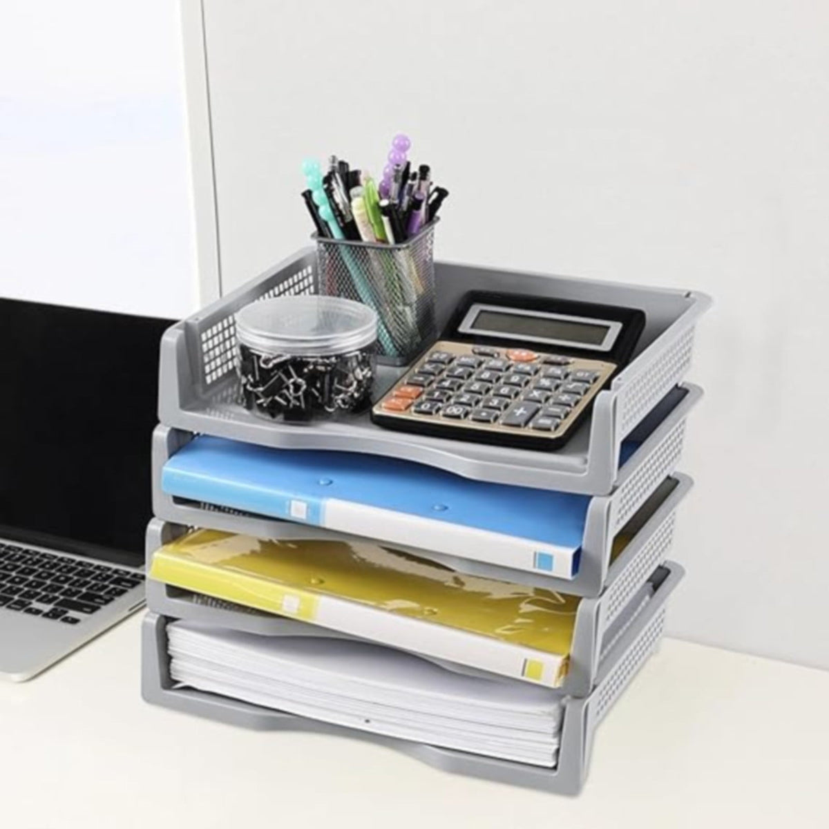 Stackable Paper Trays, Heavy Duty Plastic Desk Document File Organizer Storage Holder for Office Classroom, 12.8 x 9.84 x 2.16 Inches, White