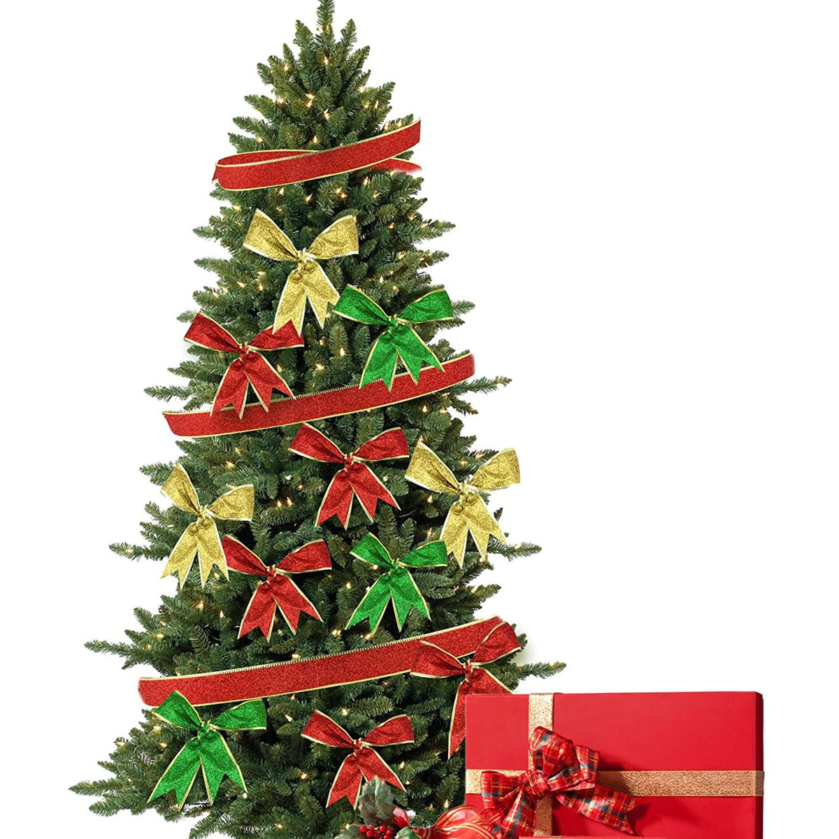 1 Roll Wired Edge Christmas Plaid Ribbon, Tartan Decorative Wrapping Ribbon for Gift Bows, Wreaths, Trees and Craft Projects, Red and Silver