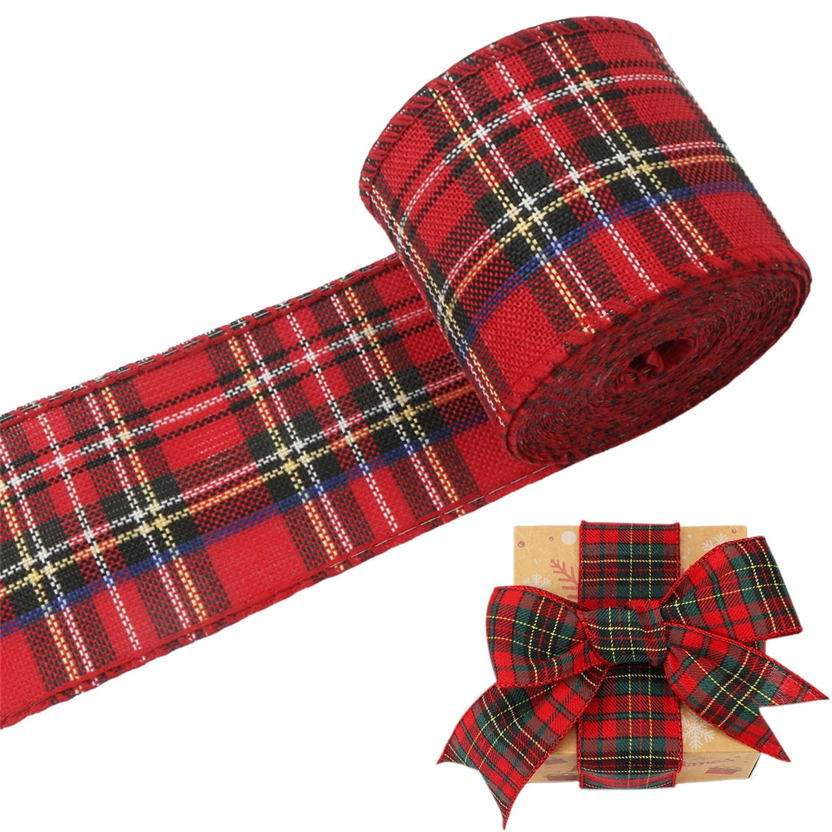 2 Rolls Wired Edge Christmas Plaid Ribbon, Tartan Decorative Wrapping Ribbon for Gift Bows, Wreaths and Craft Projects, Red