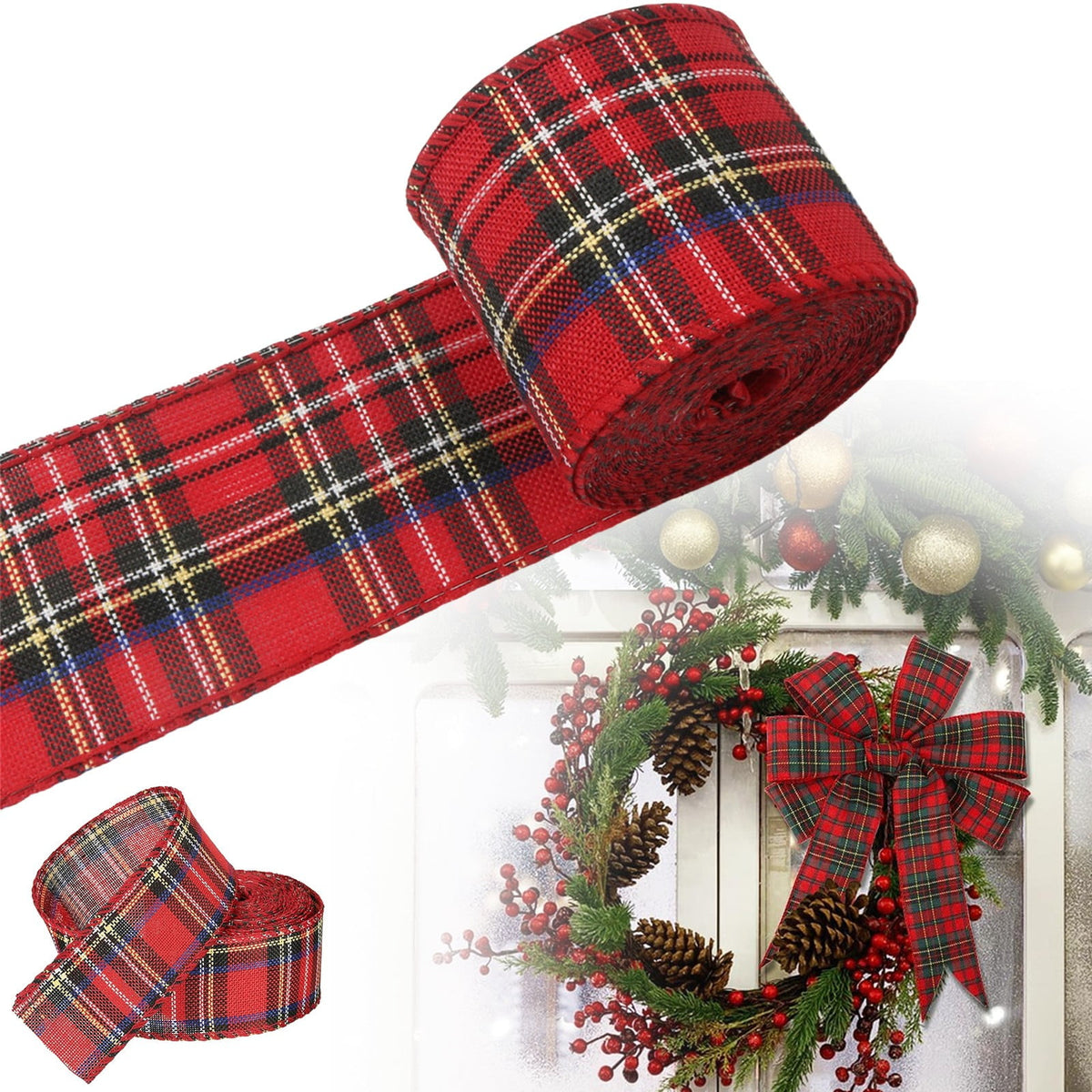 2 Rolls Wired Edge Christmas Plaid Ribbon, Tartan Decorative Wrapping Ribbon for Gift Bows, Wreaths and Craft Projects, Red