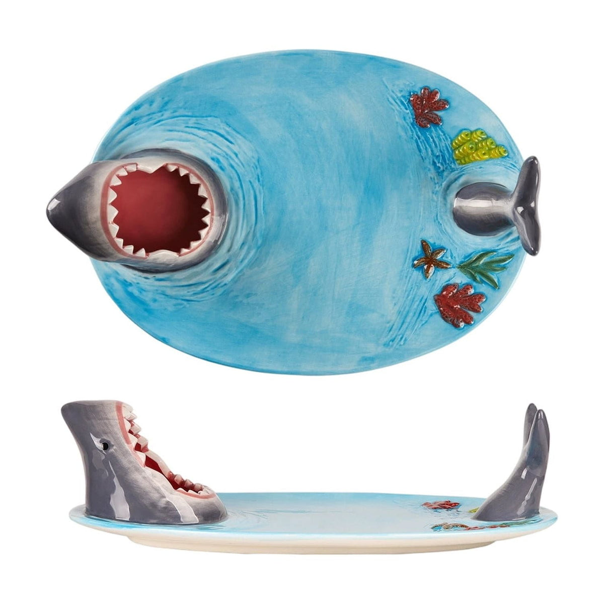 Shark Sushi Plate, Blue Ceramic Shark Shaped Serving Platter with Dipping Sauce Bowl, Microwave Oven Dishwasher Safe Sushi Dish, Gifts for Shark Party Lovers