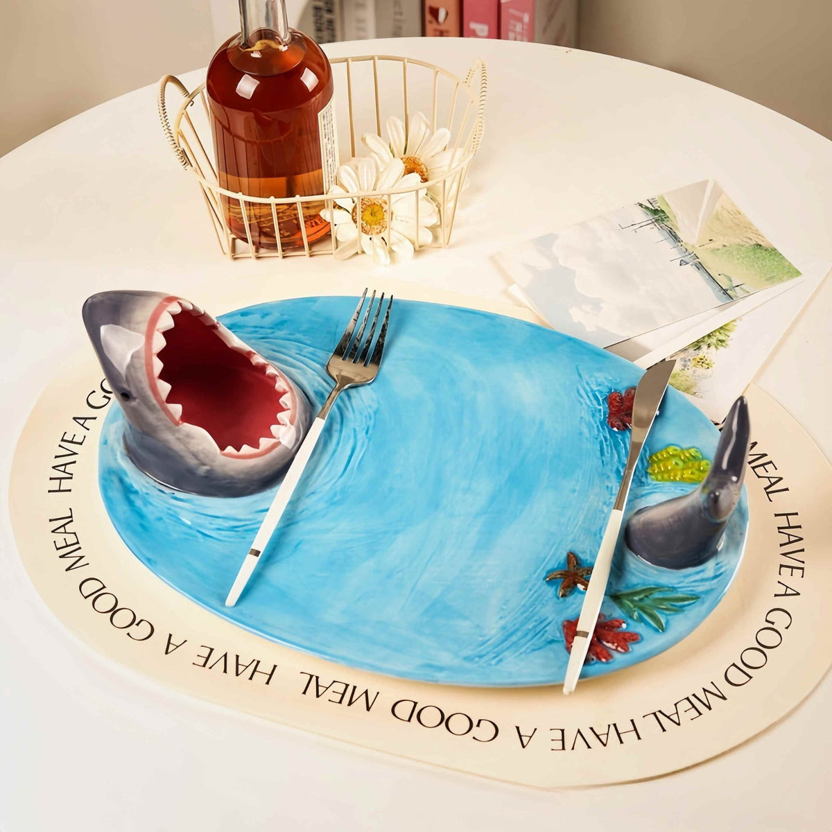 Shark Sushi Plate, Blue Ceramic Shark Shaped Serving Platter with Dipping Sauce Bowl, Microwave Oven Dishwasher Safe Sushi Dish, Gifts for Shark Party Lovers