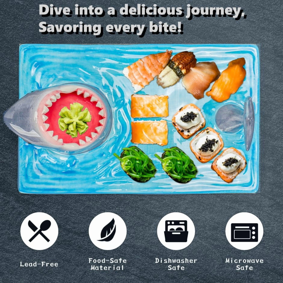 Shark Sushi Plate, Blue Ceramic Shark Shaped Serving Platter with Dipping Sauce Bowl, Microwave Oven Dishwasher Safe Sushi Dish, Gifts for Shark Party Lovers
