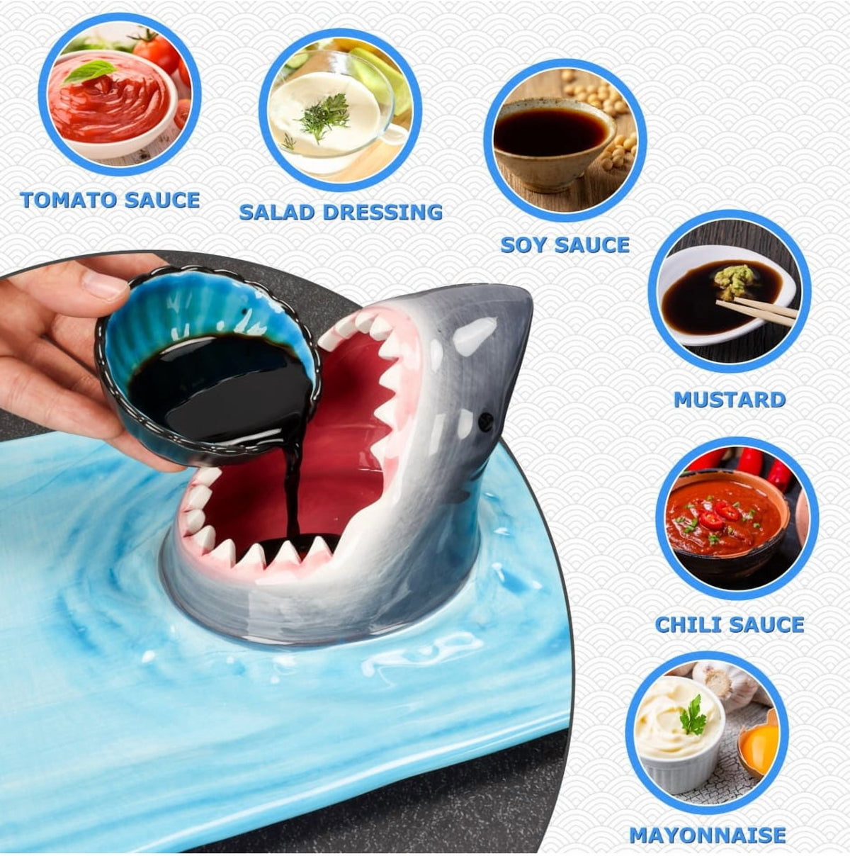 Shark Sushi Plate, Blue Ceramic Shark Shaped Serving Platter with Dipping Sauce Bowl, Microwave Oven Dishwasher Safe Sushi Dish, Gifts for Shark Party Lovers