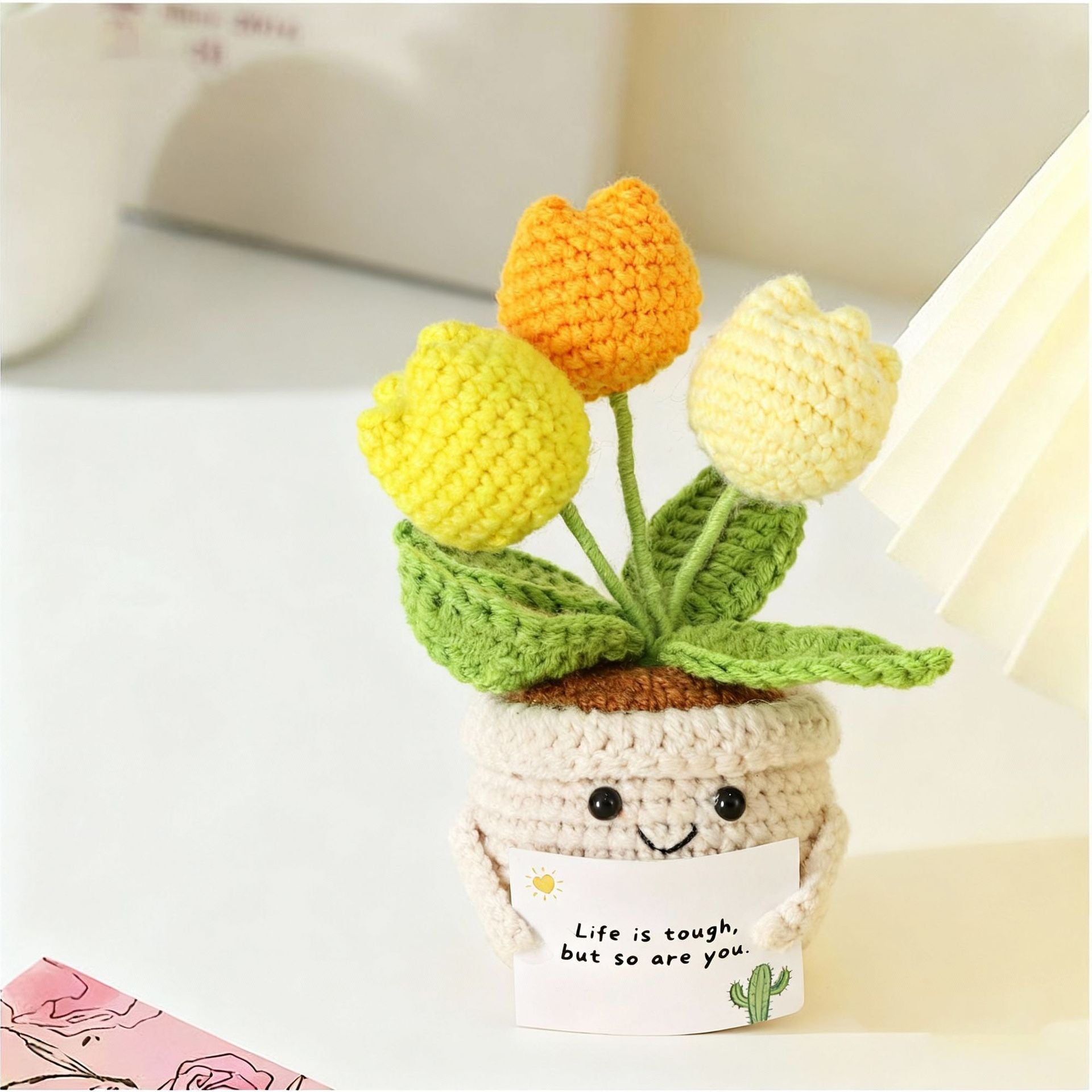 Crocheted Tulips - Artificial Flowers - Home Decor - Gift for Women - Get Well Gift - Support - Handmade - Living Room Decoration - Table Decoration - Office Accessories - Gift for Her - Pick-me-up - Fake Flowers - Excluding Card - 1 Piece