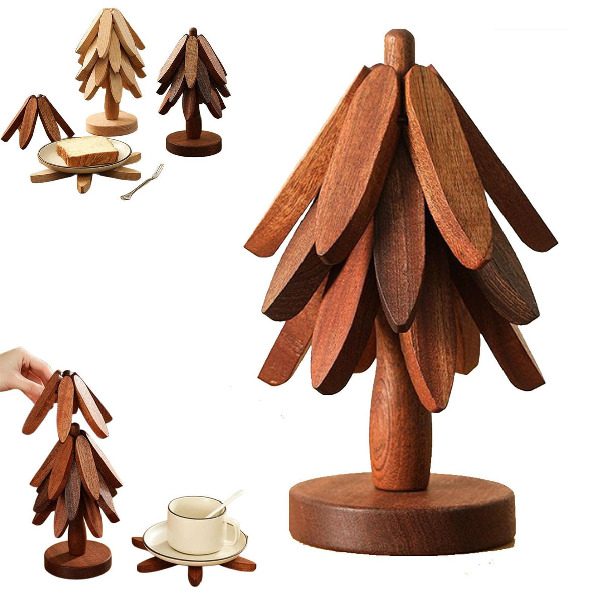 2 Pack Wooden Christmas Tree Trivets, Heat-Resistant Pot and Pan Coasters for Dining Table and Kitchen, Brown