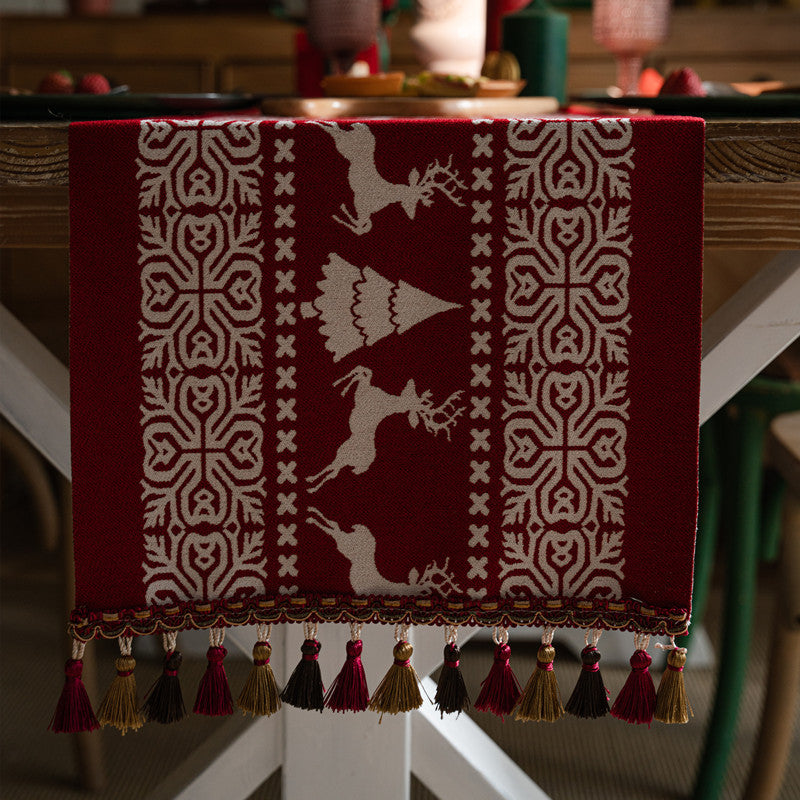 Christmas Table Runner with Reindeer, Tree and Snowflake Print for Festive Dining Tables, Holiday Meals and Home, 35 x 180 cm, Red and White