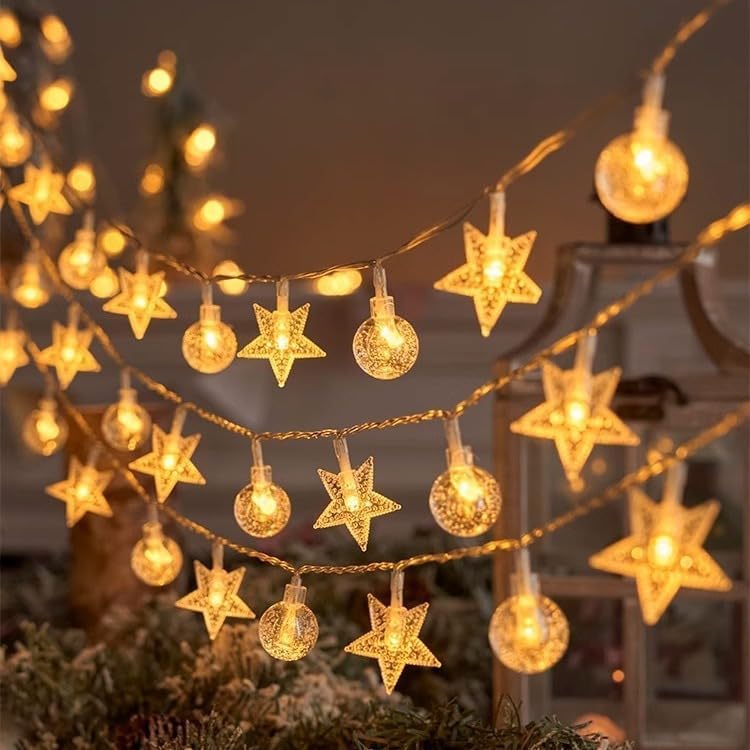 1 Piece LED Star and Bulb Fairy Lights for Indoor Christmas Decor, Battery-Powered Warm White String Lighting, 3 m, 20 Lights