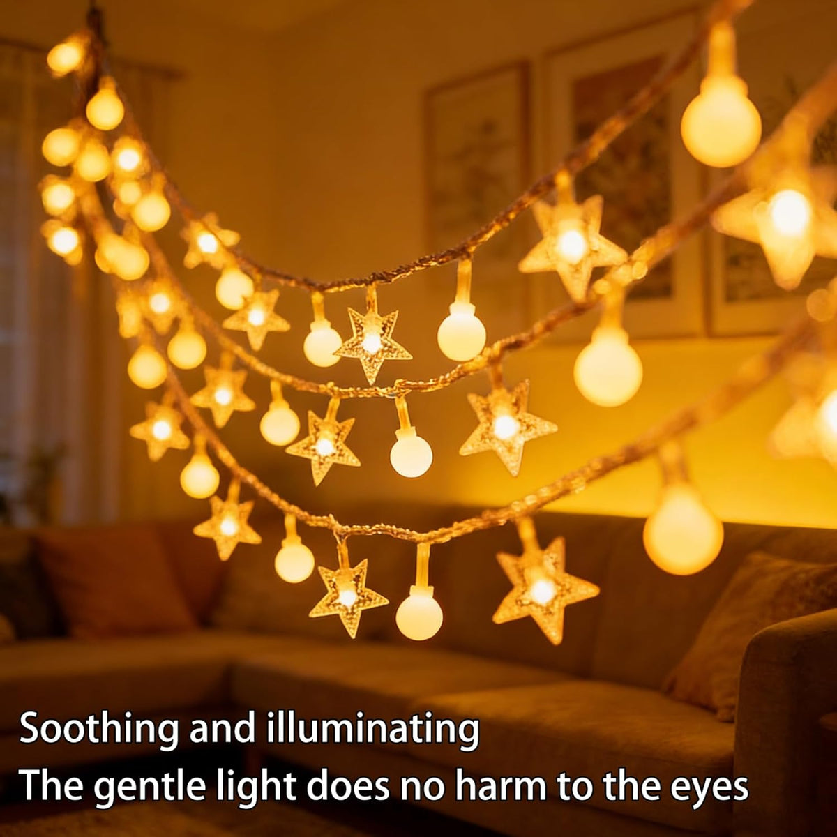 1 Piece LED Star and Bulb Fairy Lights for Indoor Christmas Decor, Battery-Powered Warm White String Lighting, 3 m, 20 Lights