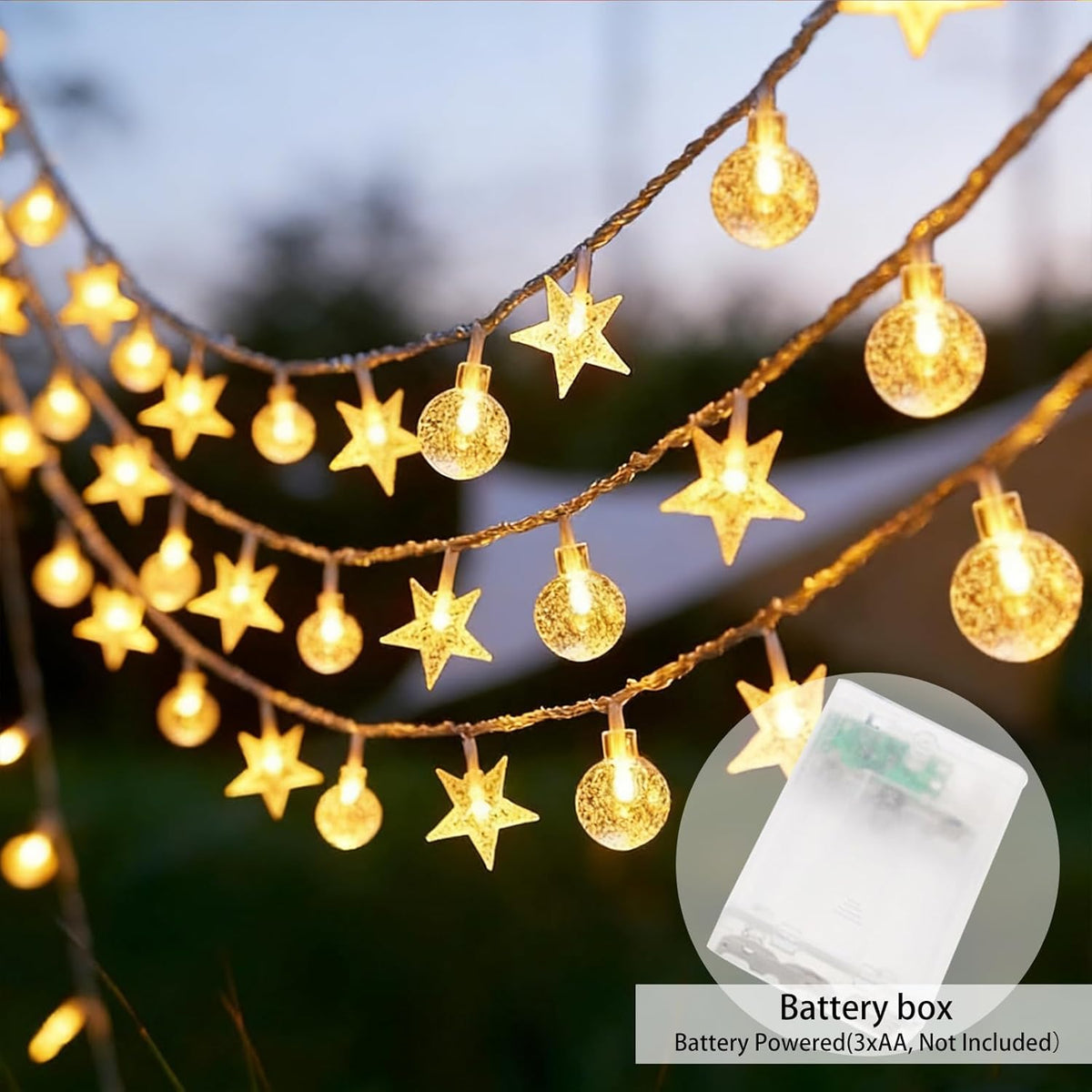1 Piece LED Star and Bulb Fairy Lights for Indoor Christmas Decor, Battery-Powered Warm White String Lighting, 3 m, 20 Lights