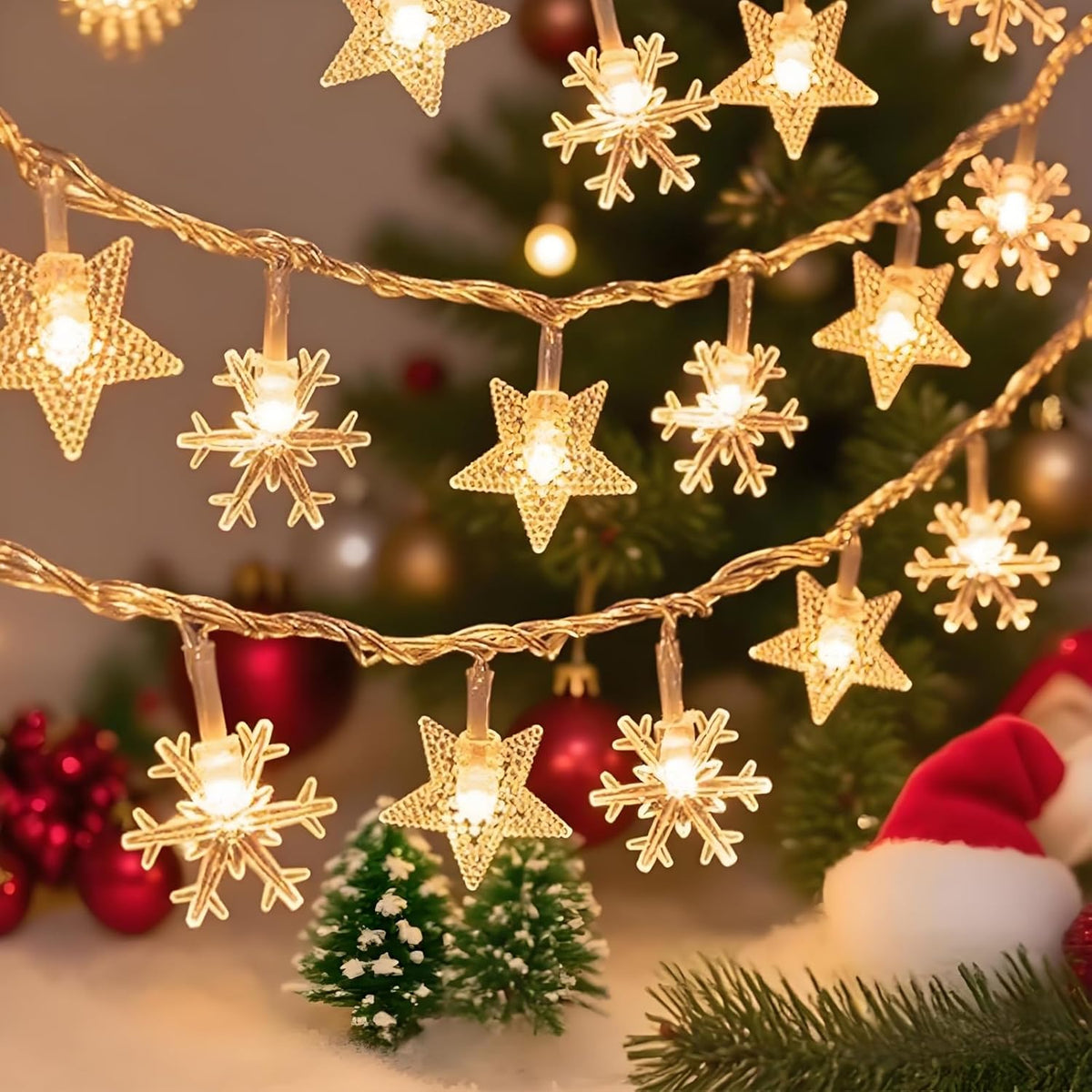 1 Piece LED Star and Snowflake Fairy Lights for Indoor Christmas Decor, Warm White String Lighting for Windows and Bedrooms