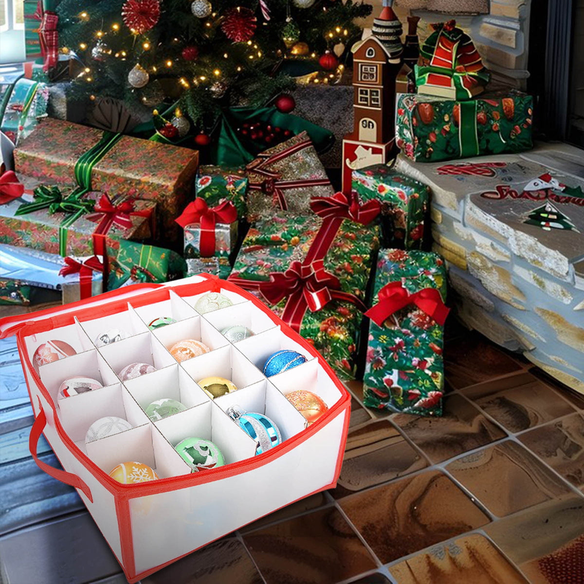 Portable Waterproof Christmas Decoration, Ball Storage Box, Stores 32 Ornaments, 2 Independent Layered Trays, Foldable for Easy Access, Plastic Christmas Ornament Storage Box Red