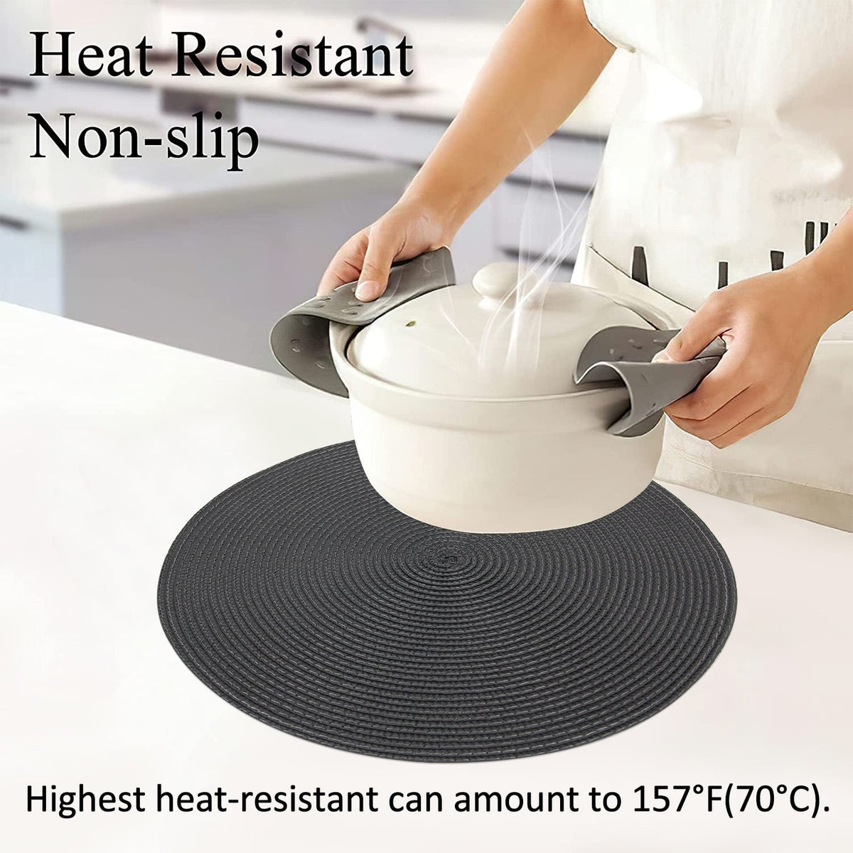 Braided Placemats for Dining Table Set of 6 - Round 15 inch Woven Heat Resistant Non-Slip Kitchen Table Mats, Red Black