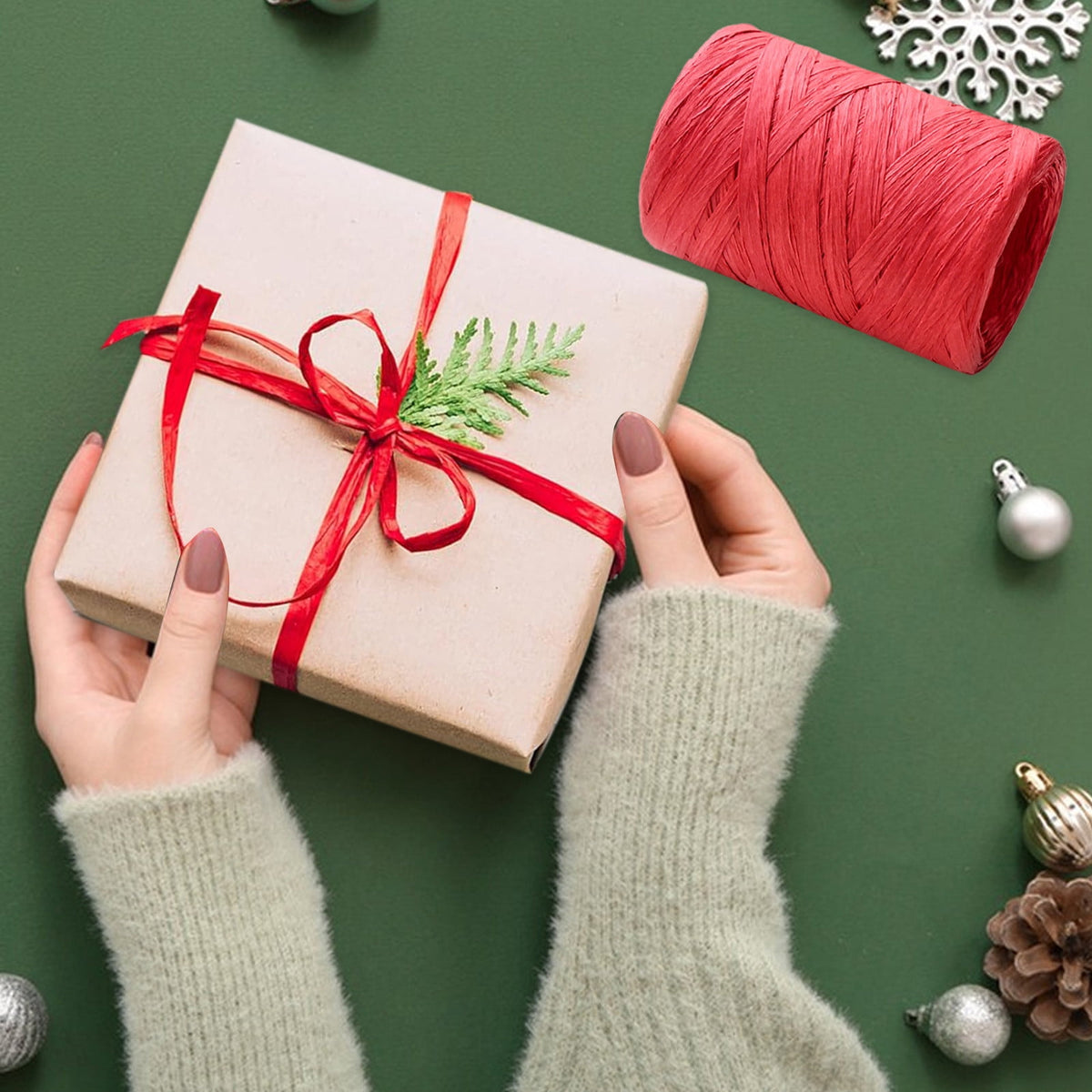 Raffia Ribbon, Christmas Gift Wrapping Raffia Paper String Ribbon Packing Paper Twine for Craft DIY Supply Christmas, 328ft Red