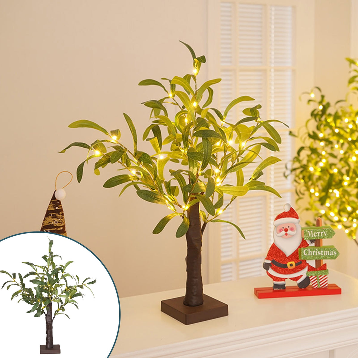 Green Leaf Birch Tree with LED Lights, Artificial Tree Lamp, DIY Birch Tree with LED Lights, Lighted up Tree Lamp Battery Powered, Light Spirit Tree for Table Home Wedding Bedroom Christmas As Show Green