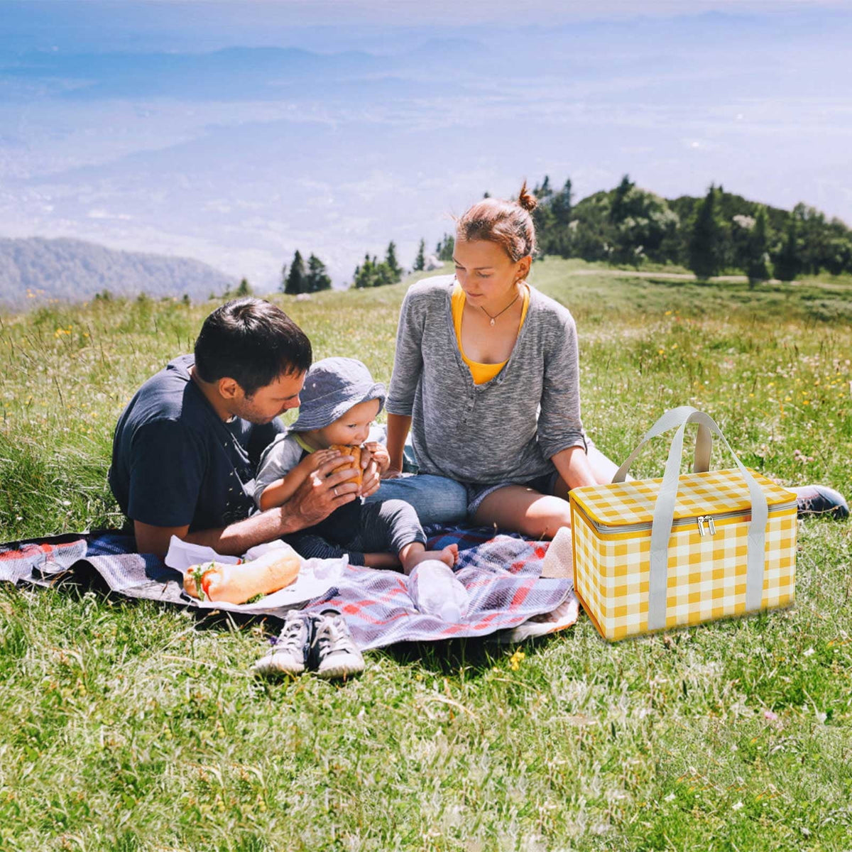 Large Picnic Basket Shopping Basket Camping Picnic Basket Travel Picnic Bag Portable Bento Bag Thermal Insulation Bag Yellow