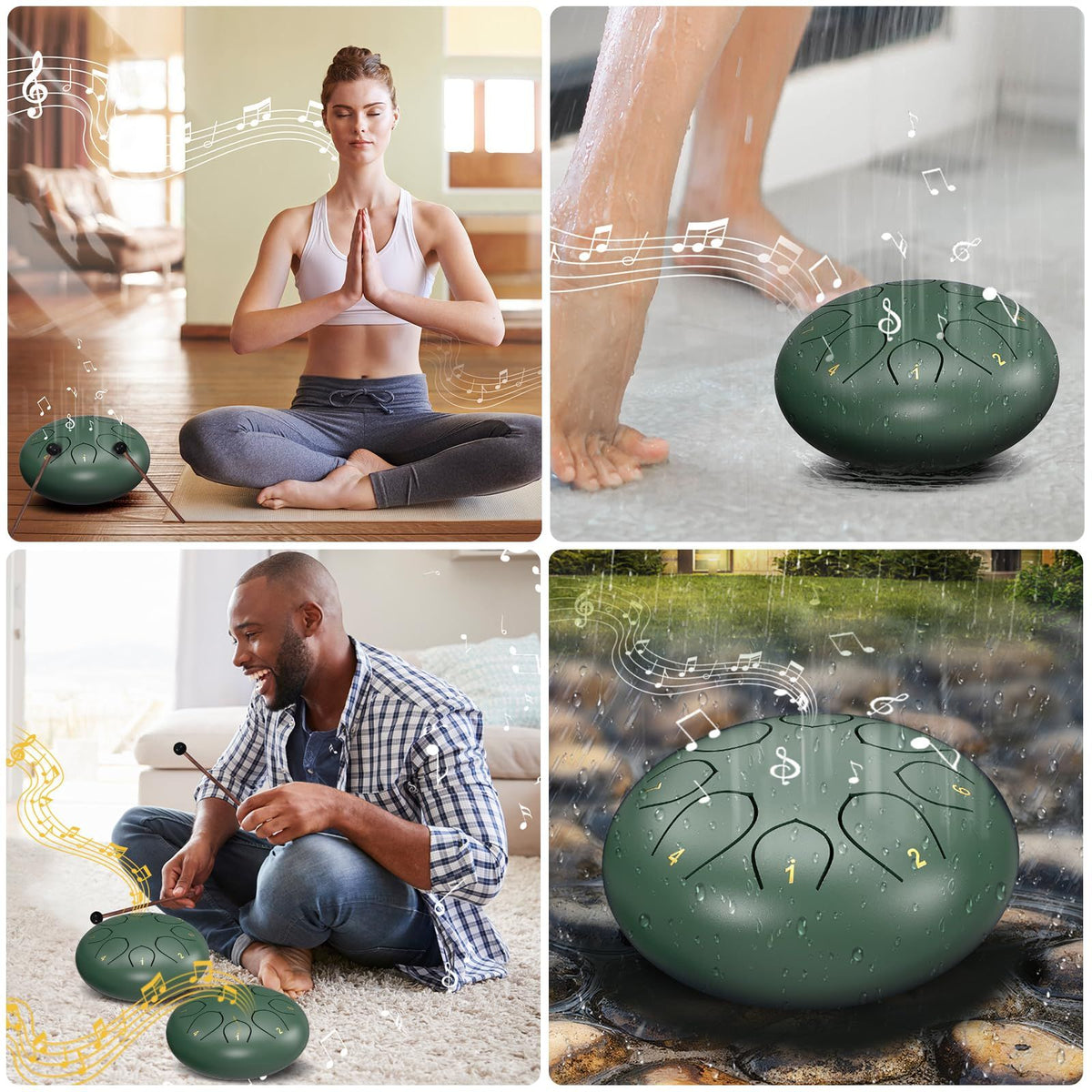 Rain Drum for Outside Garden, 6 Inches 8 Notes Steel Tongue Chakra Drums, Waterproof Meditation Rain Chime, Musical Instruments for Adult Gift with Bag, Music Book, Drum Mallets (Green)