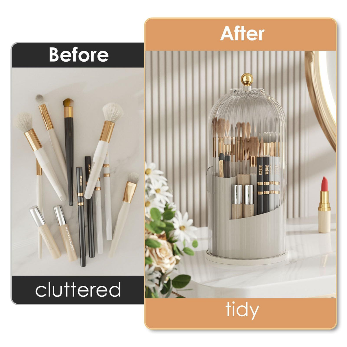Makeup Brush Holder with Lid 360 Rotating Clear Dustproof Make Up Organizers for Vanity Bathroom Countertop, Transparent(Only storage box)