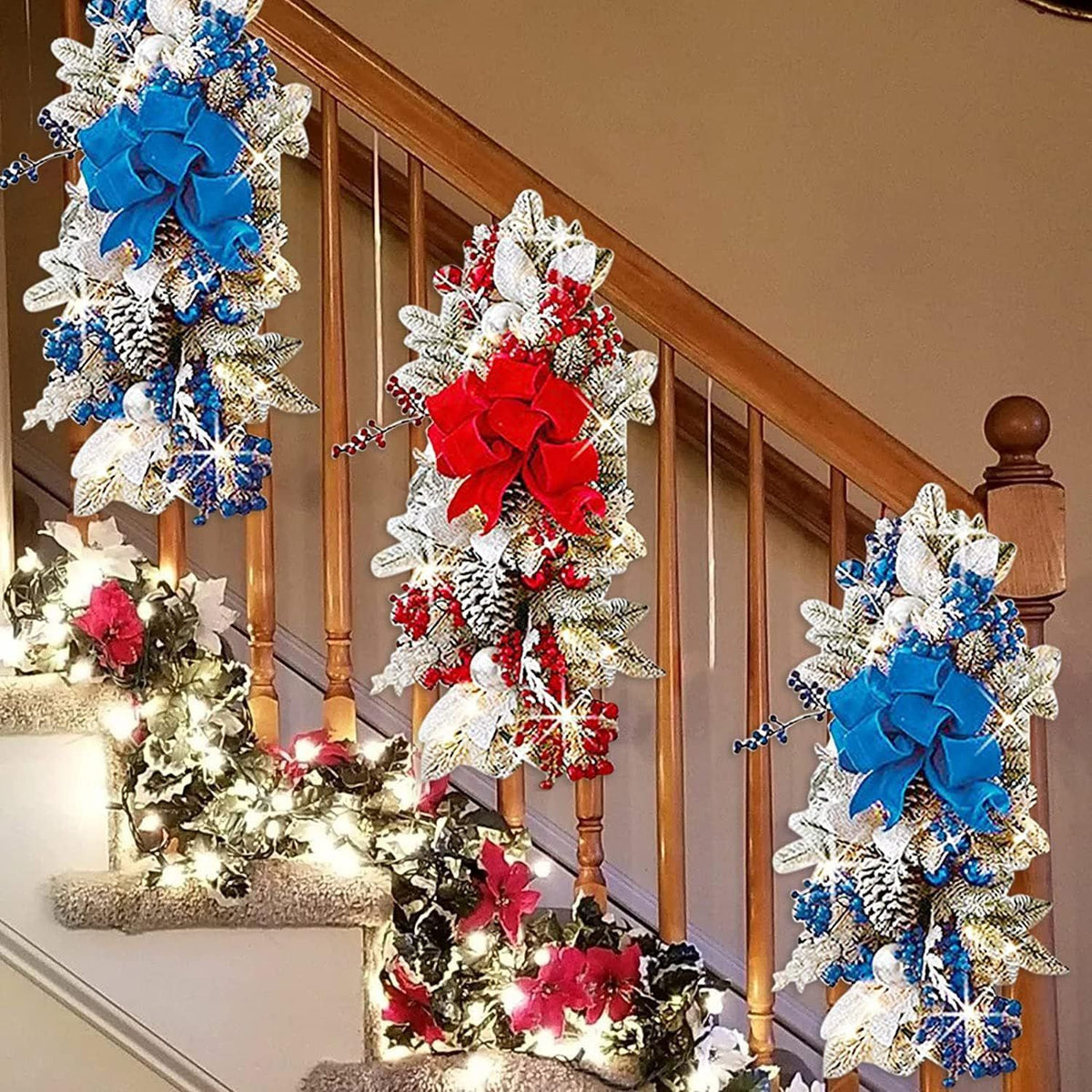 Christmas Swag Wreath 2024,Cordless Stairway Trim,Hanging Stair Teardrop Swag Garlands,Christmas Wreaths Decoration