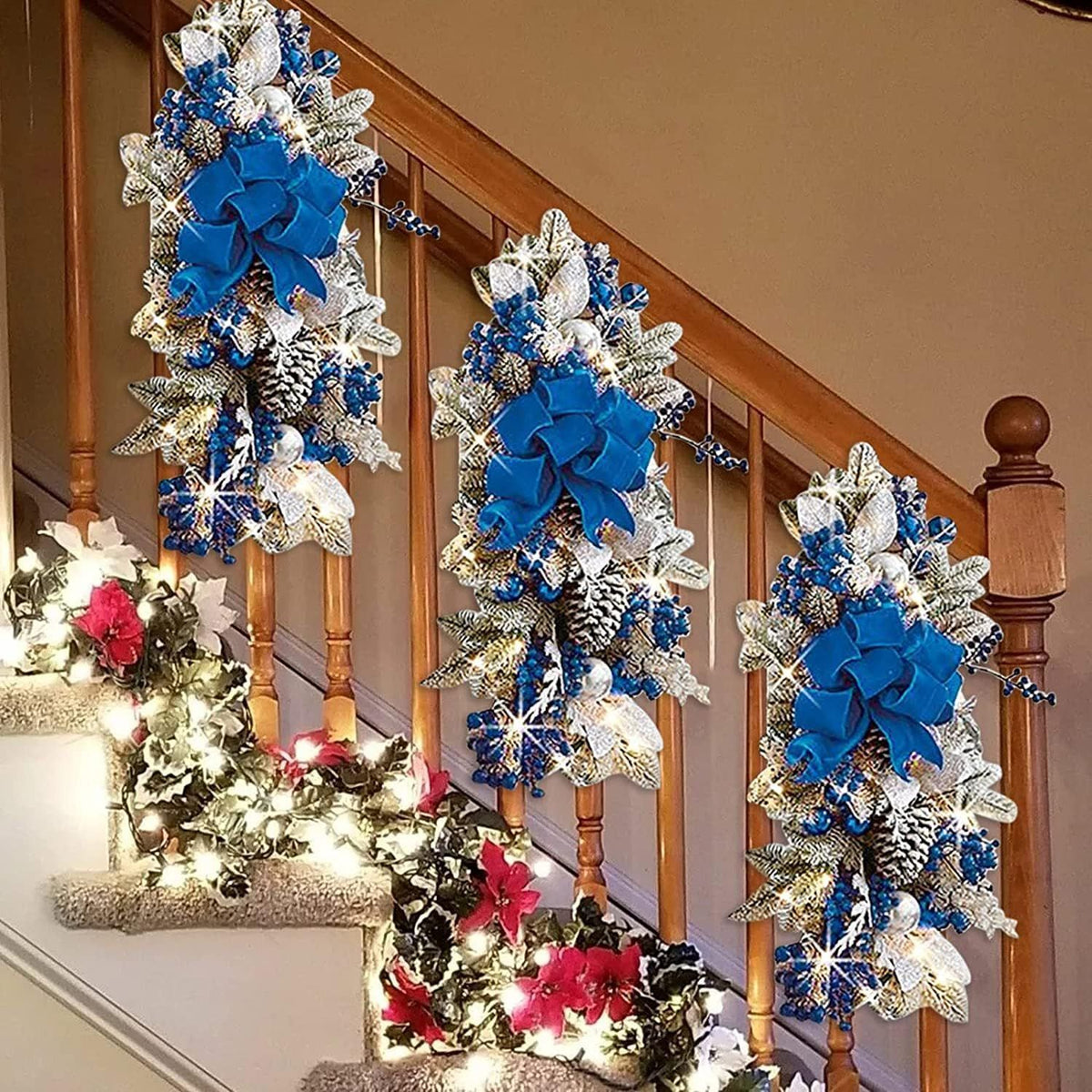 Christmas Swag Wreath 2024,Cordless Stairway Trim,Hanging Stair Teardrop Swag Garlands,Christmas Wreaths Decoration