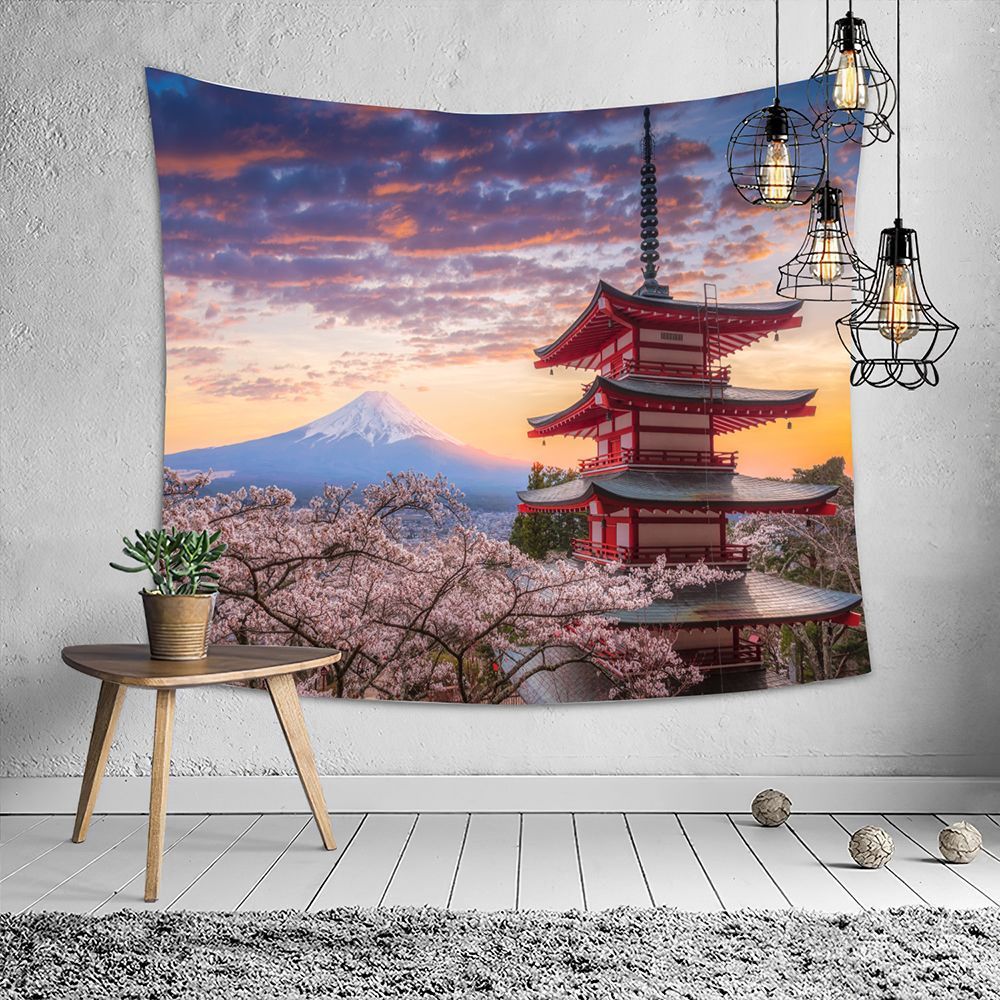 Pink Tapestry, Anime Tapestry for Bedroom Aesthetic, Japanese Mountain Fuji Cherry Blossoms Nature Wall Tapestry-150*130cm