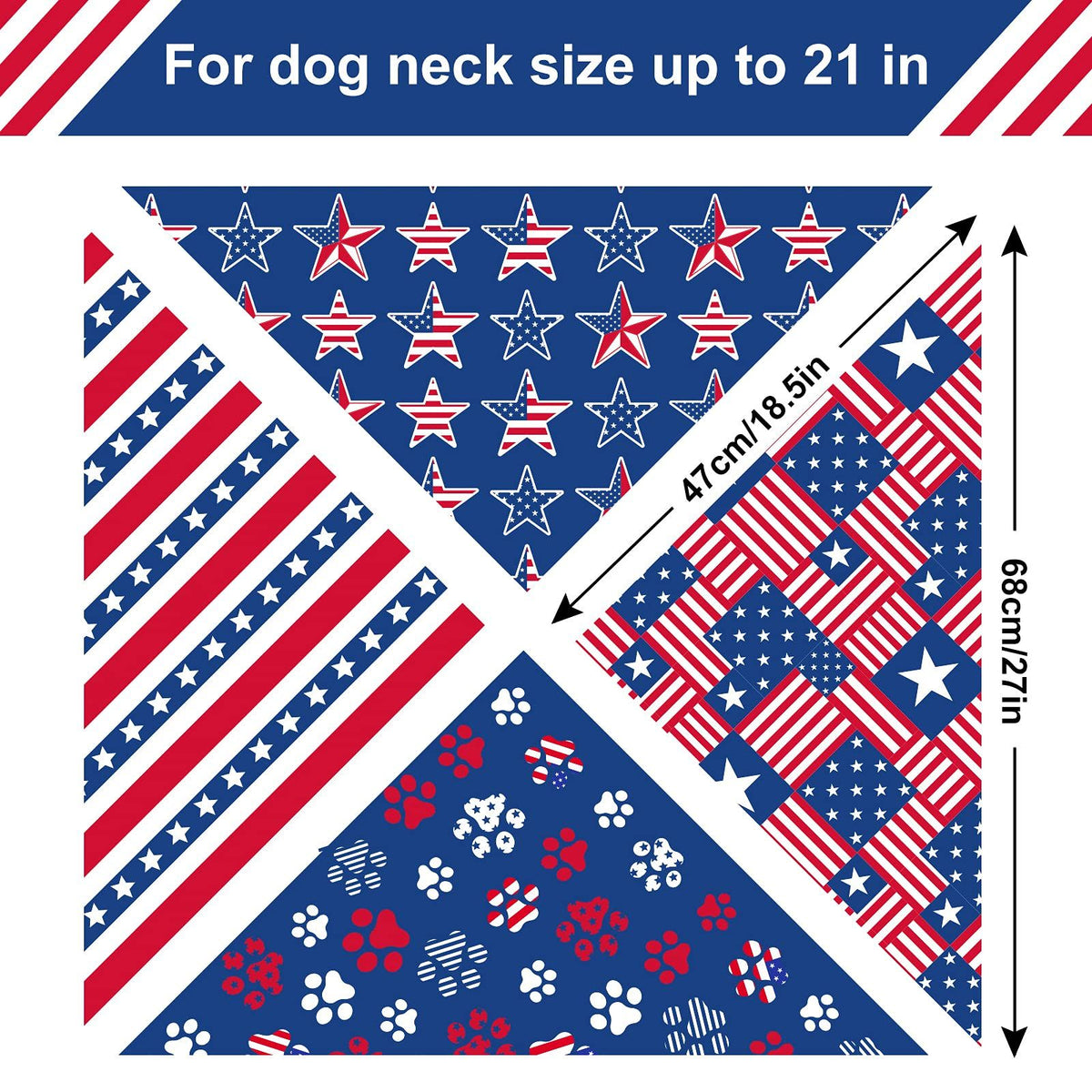 4th of July Dog Bandanas 4 Pack Patriotic Stars and Stripes Triangle Bibs Red Blue American Flag Pet Scarf Washable Pet Neckerchie