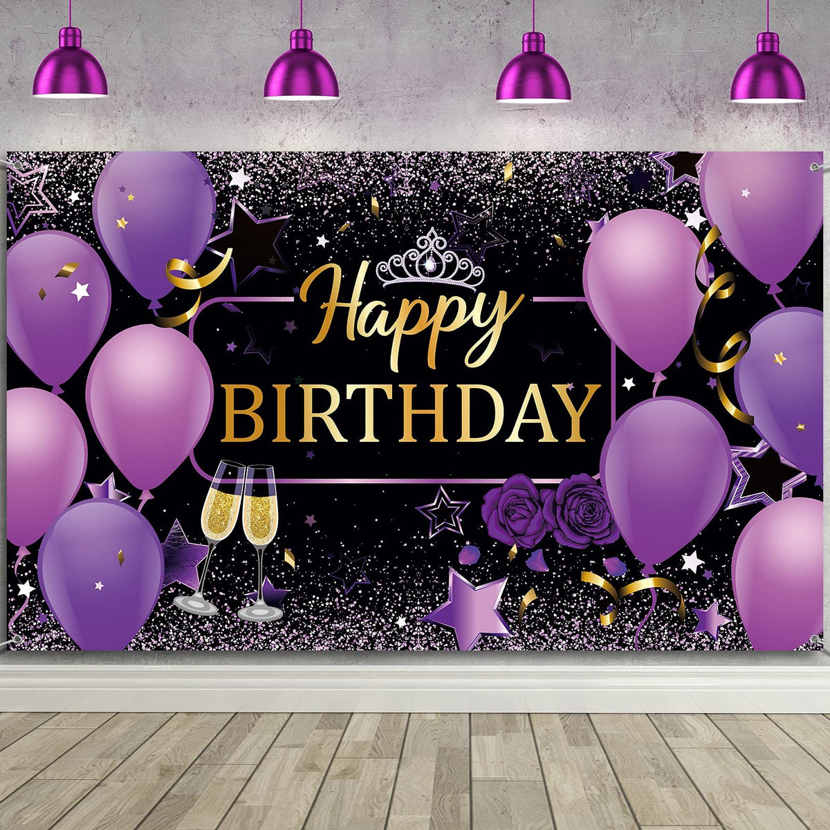 Happy Birthday Backdrop, Purple with Rose, Polyester, 72.8 x 43.3 Inch,for Birthday Party Decorations
