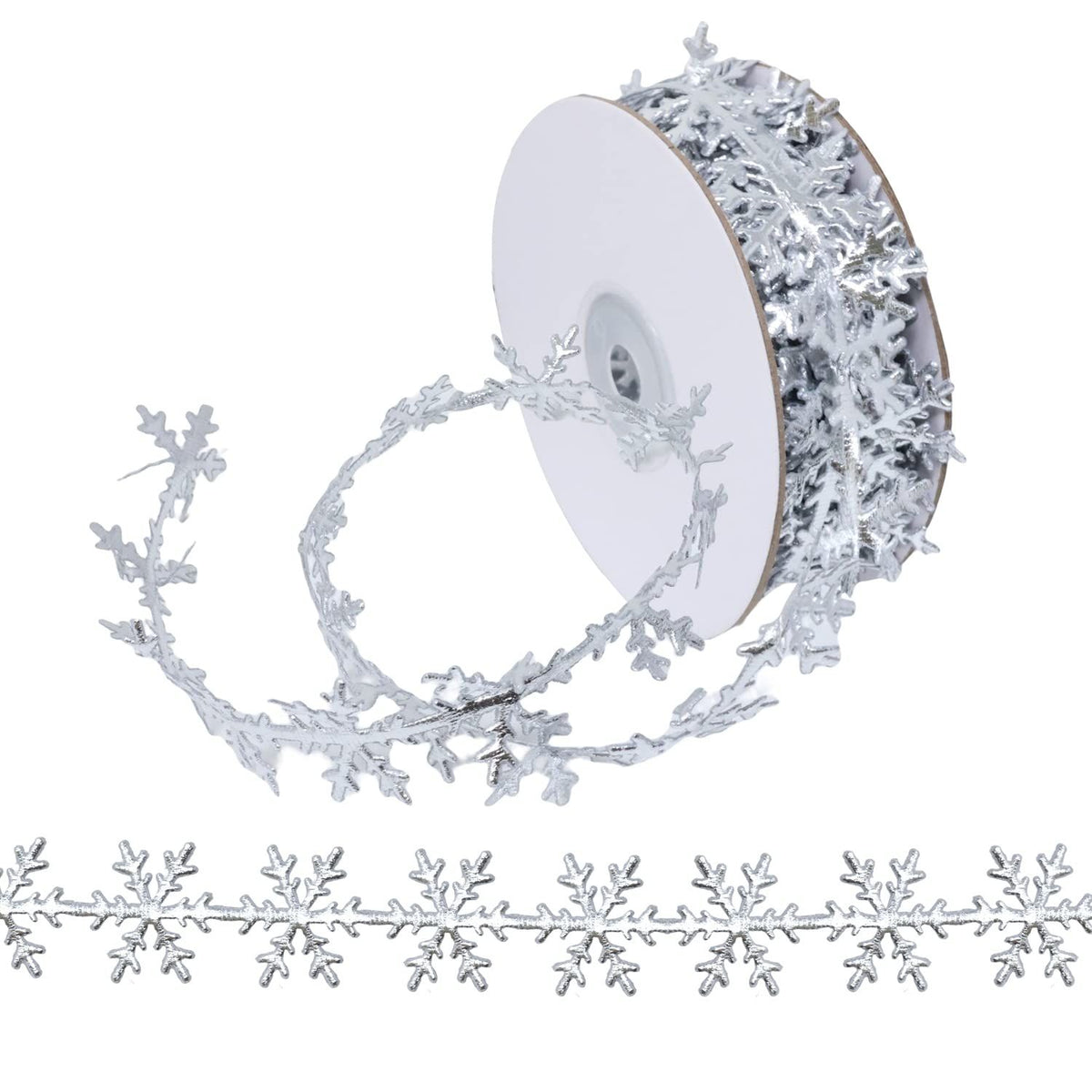 1 Roll of Sparkly Polyester Snowflake Ribbon Trim Embellishment, Snowflake Decoration Ribbons, Embossed Ribbon